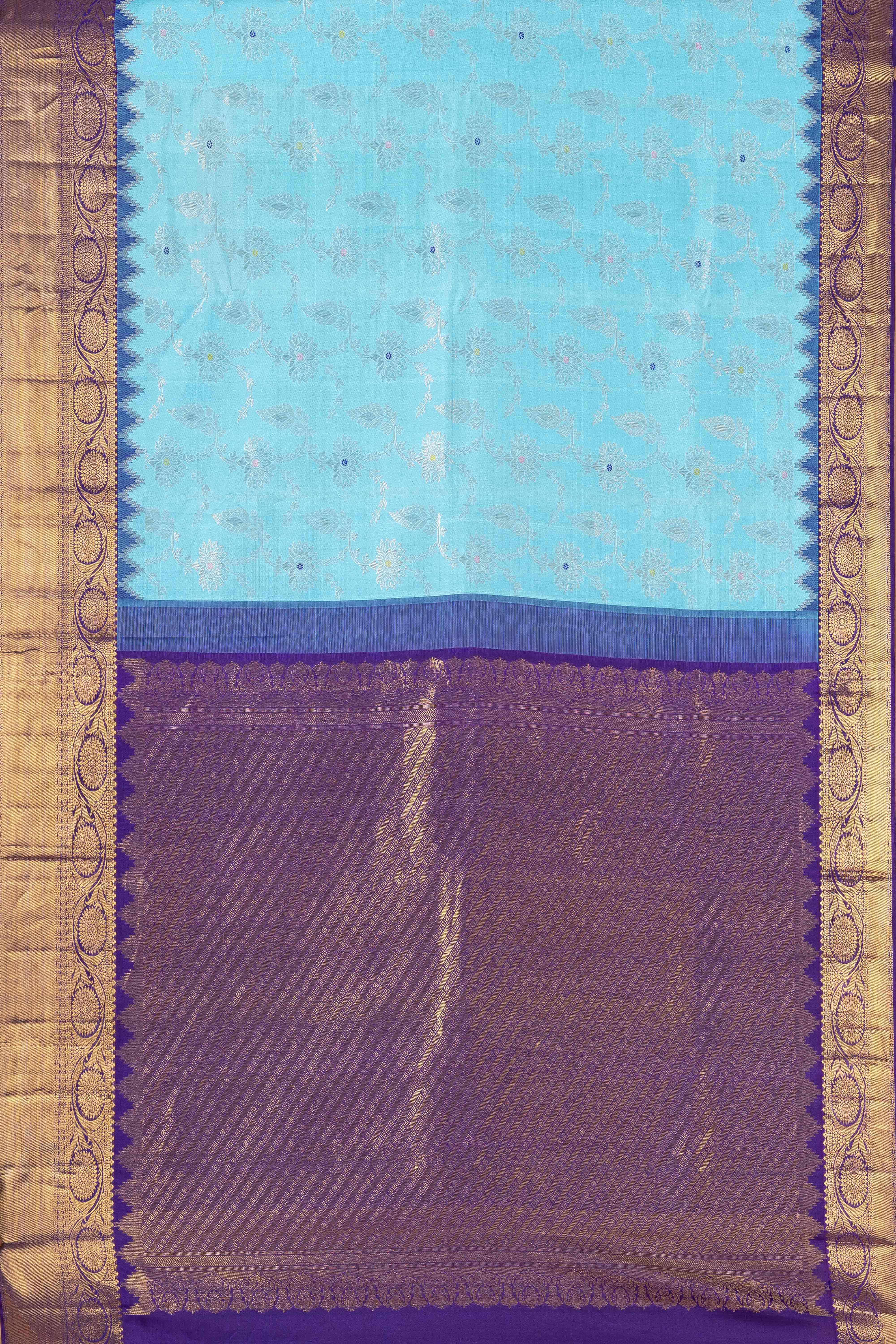 Turquoise Blue Kancheepuram Pattu With Antique Zari Border And Jacquard Weave - Image 4