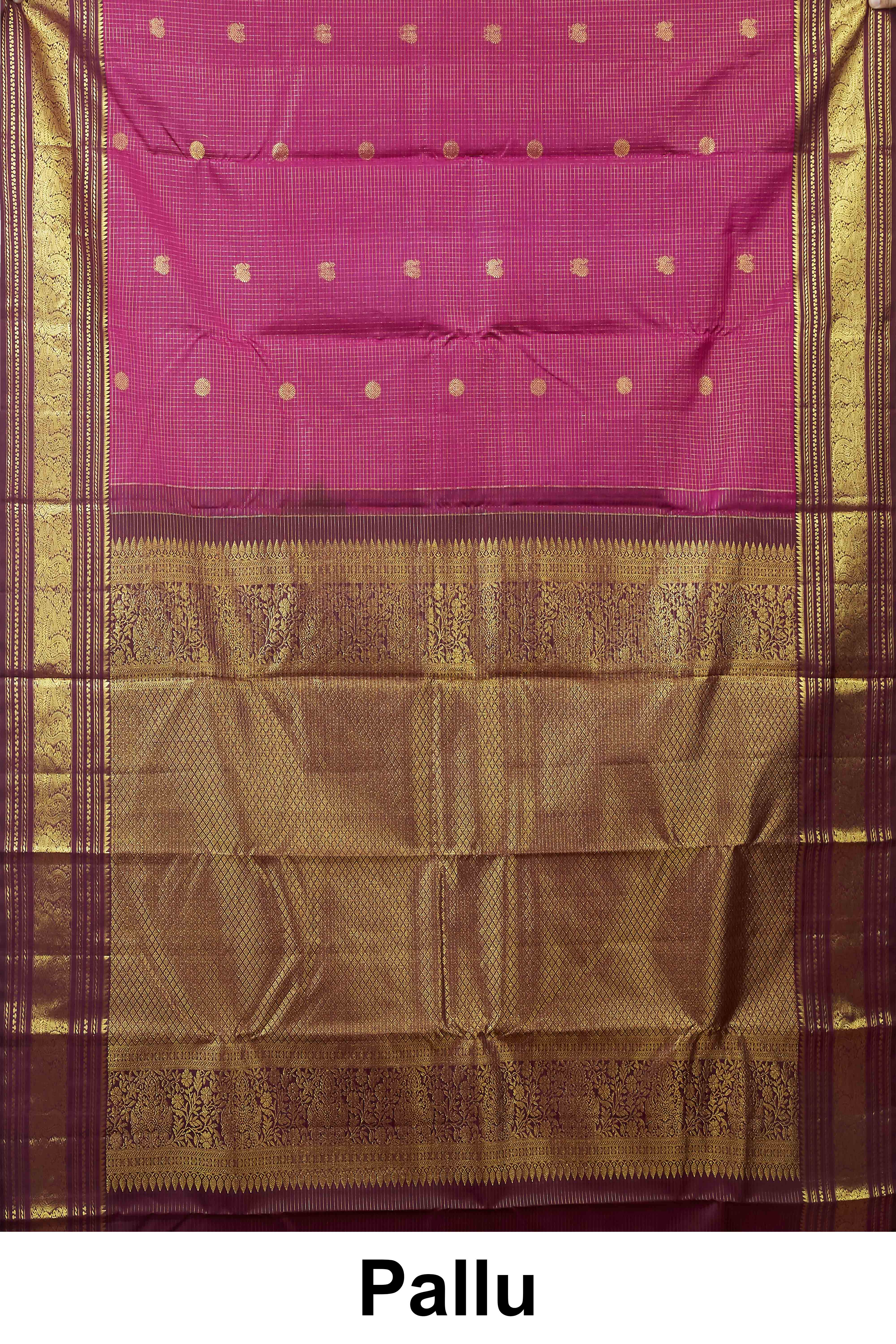 Kanchipuram Vairaoosi and Checks Silk Saree in Wine with Contrast Olive Zari Border - Image 4