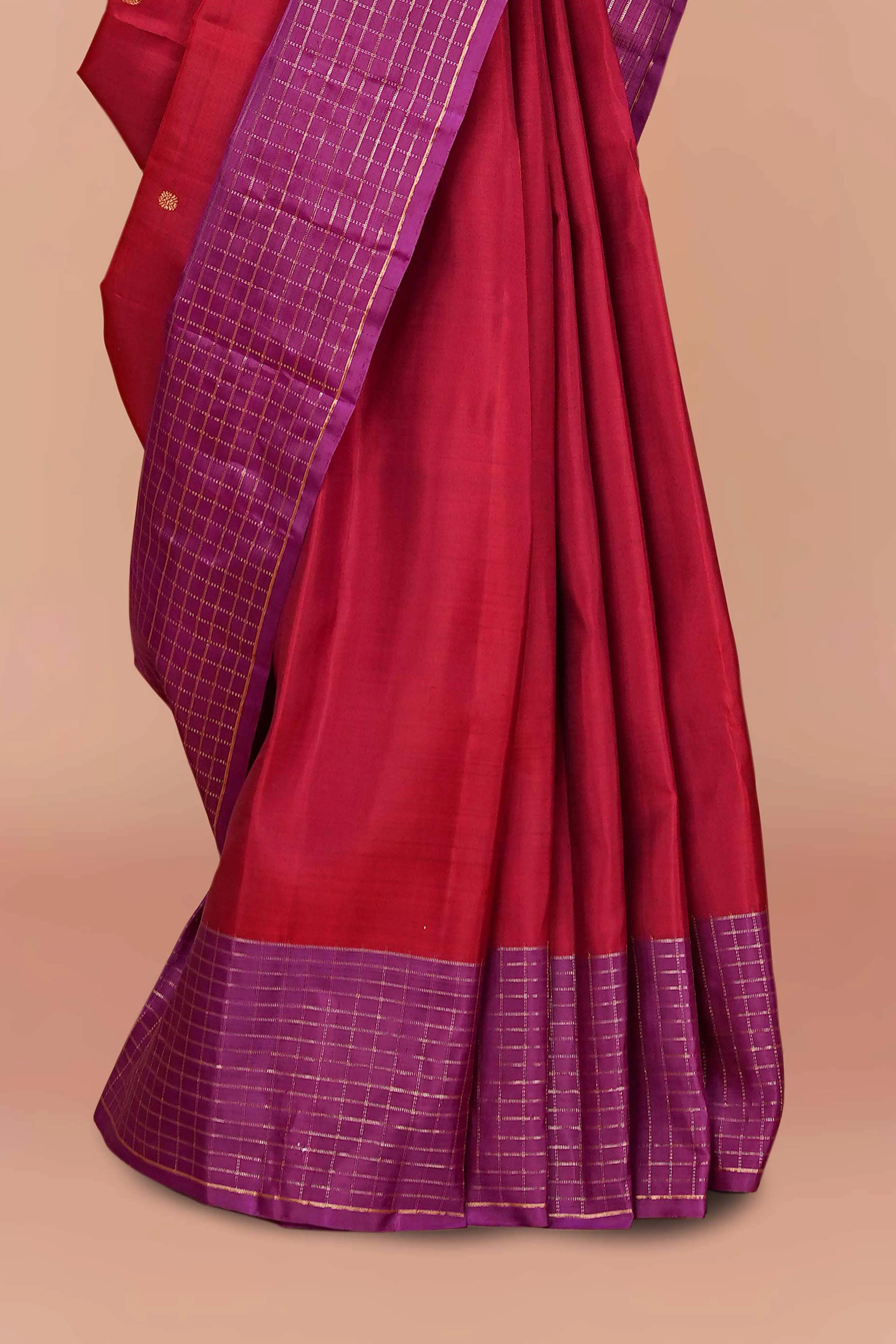 Wine Red & Purple Checked Border Kanchipuram Pure Silk Saree - Image 3