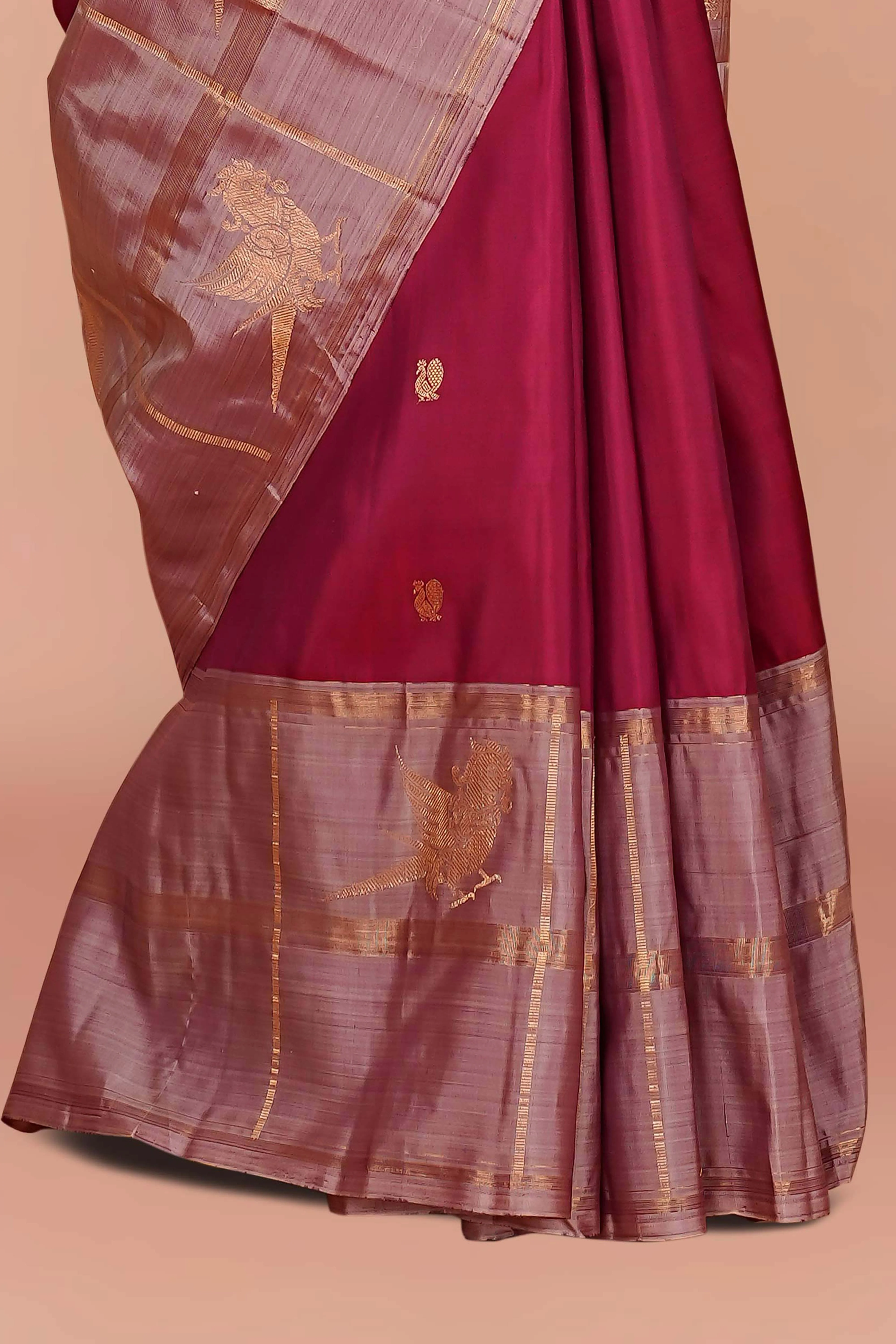 Kanchipuram Pure Silk Saree in Wine Red with Silver Zari Checked Border and Butta - Image 3