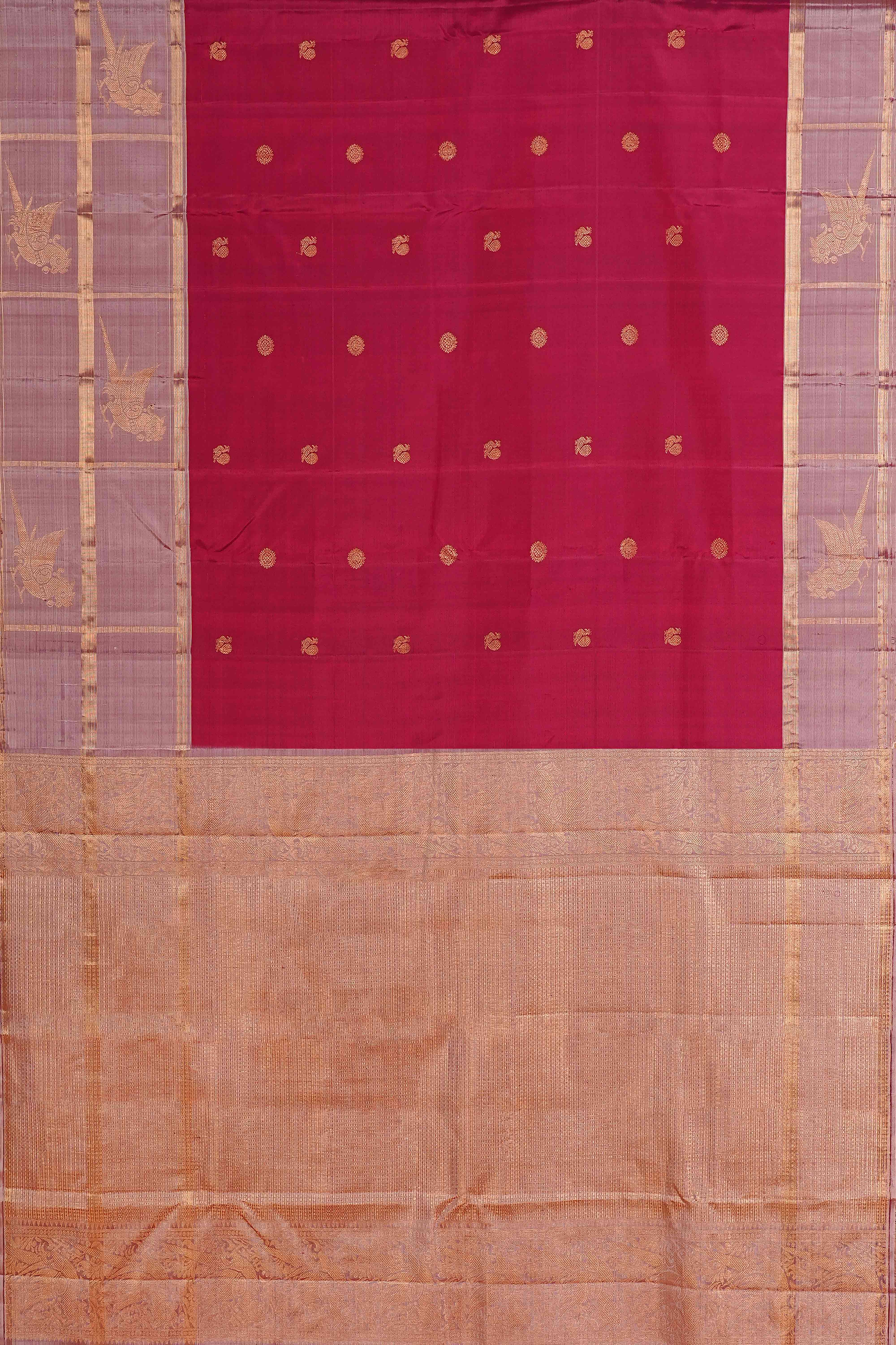 Kanchipuram Pure Silk Saree in Wine Red with Silver Zari Checked Border and Butta - Image 4