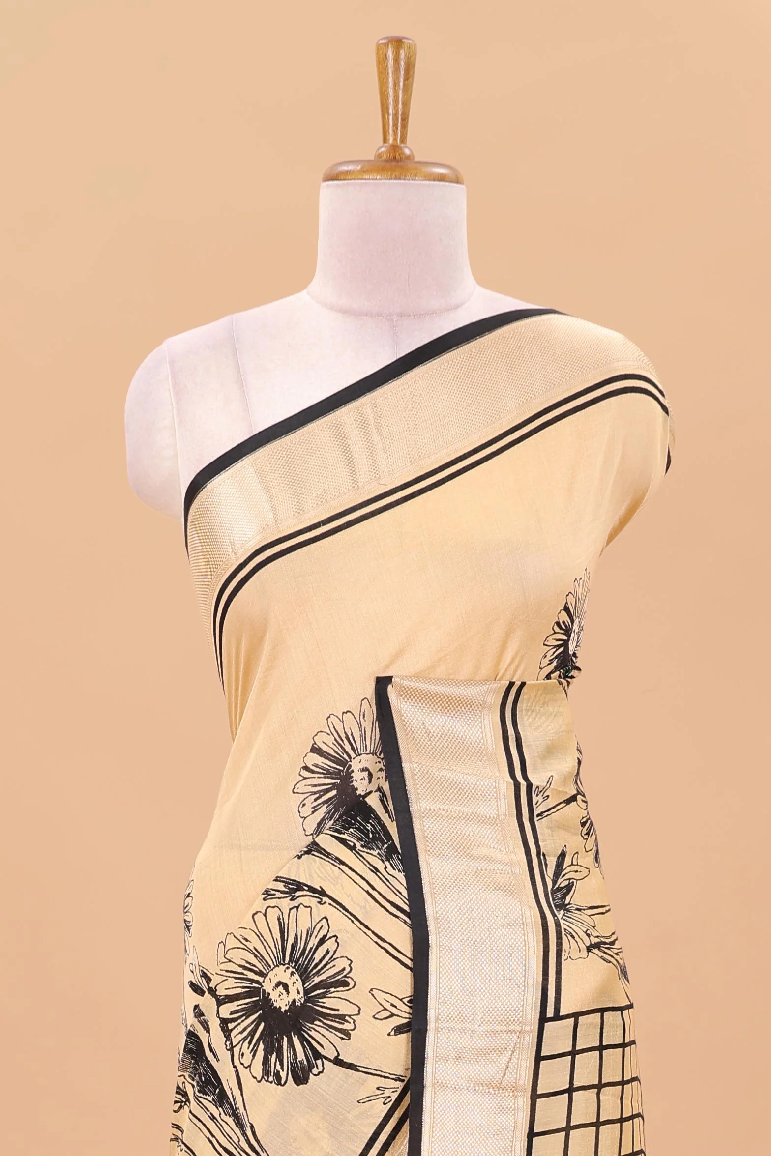 Pastal orange floral print chanderi cotton saree with zari pallu - Image 3