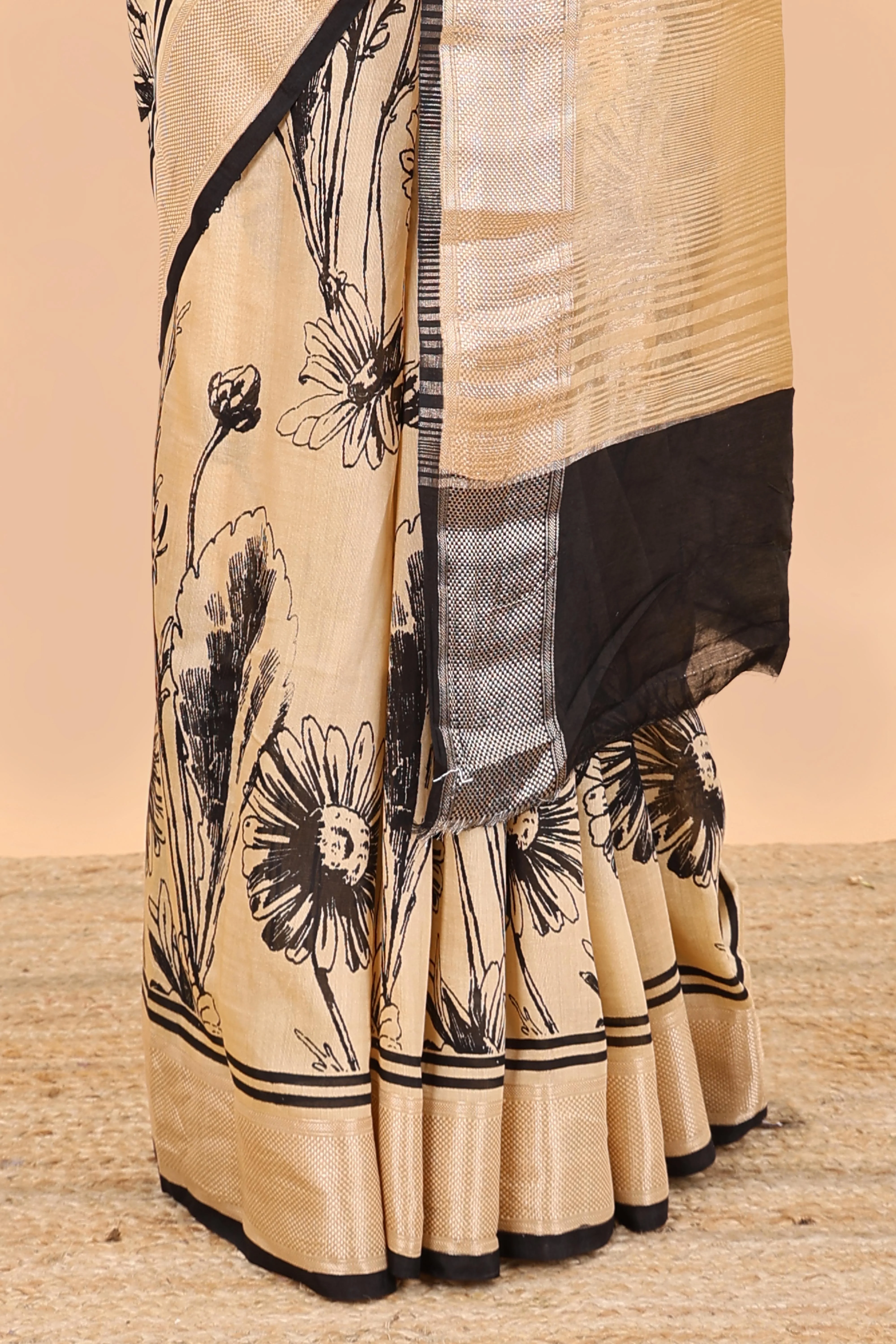 Pastal orange floral print chanderi cotton saree with zari pallu - Image 4