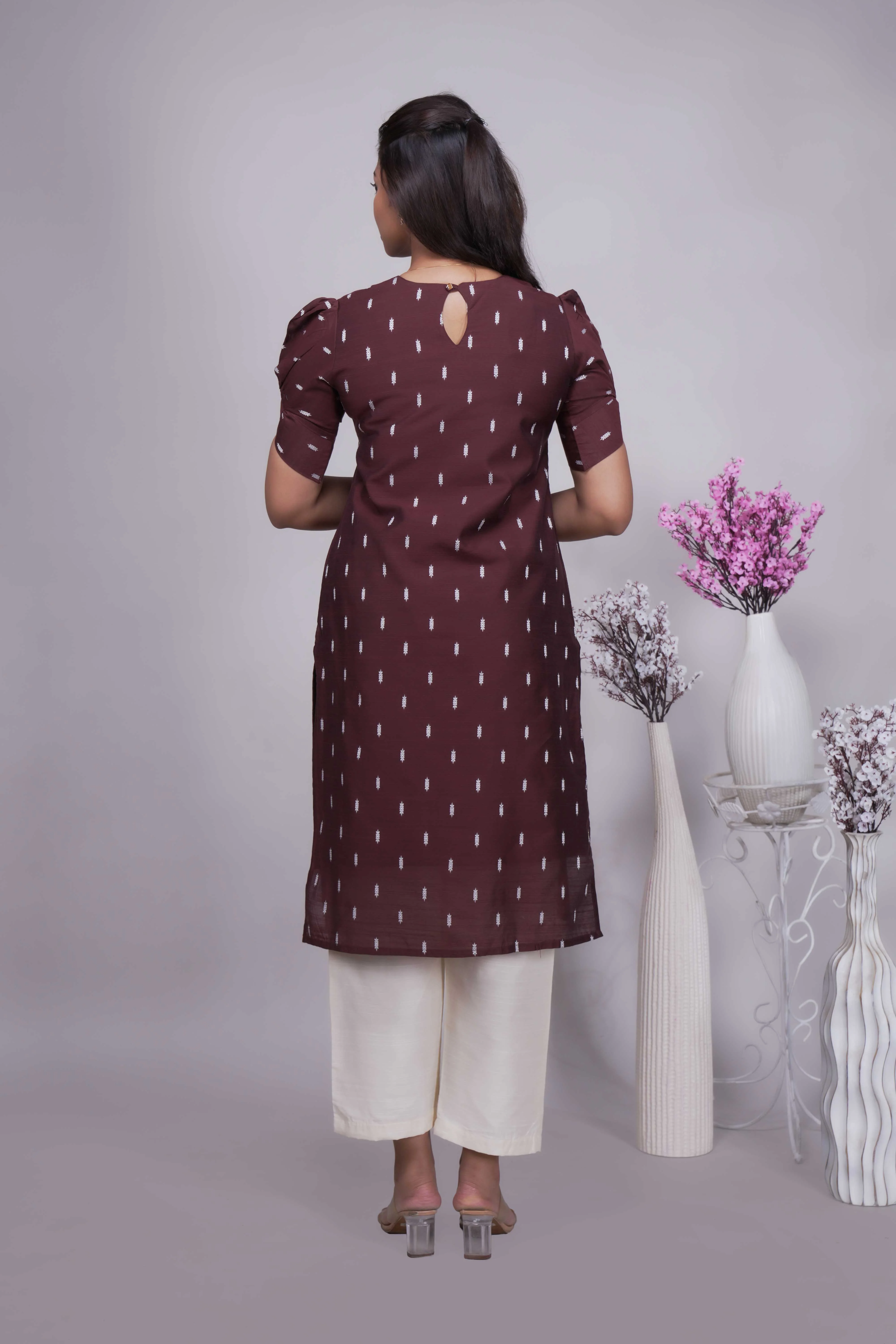 Chocolate Brown Butta Straight cut salwar suit with Off-White Pants & Woven Tassel Dupatta Set - Image 5