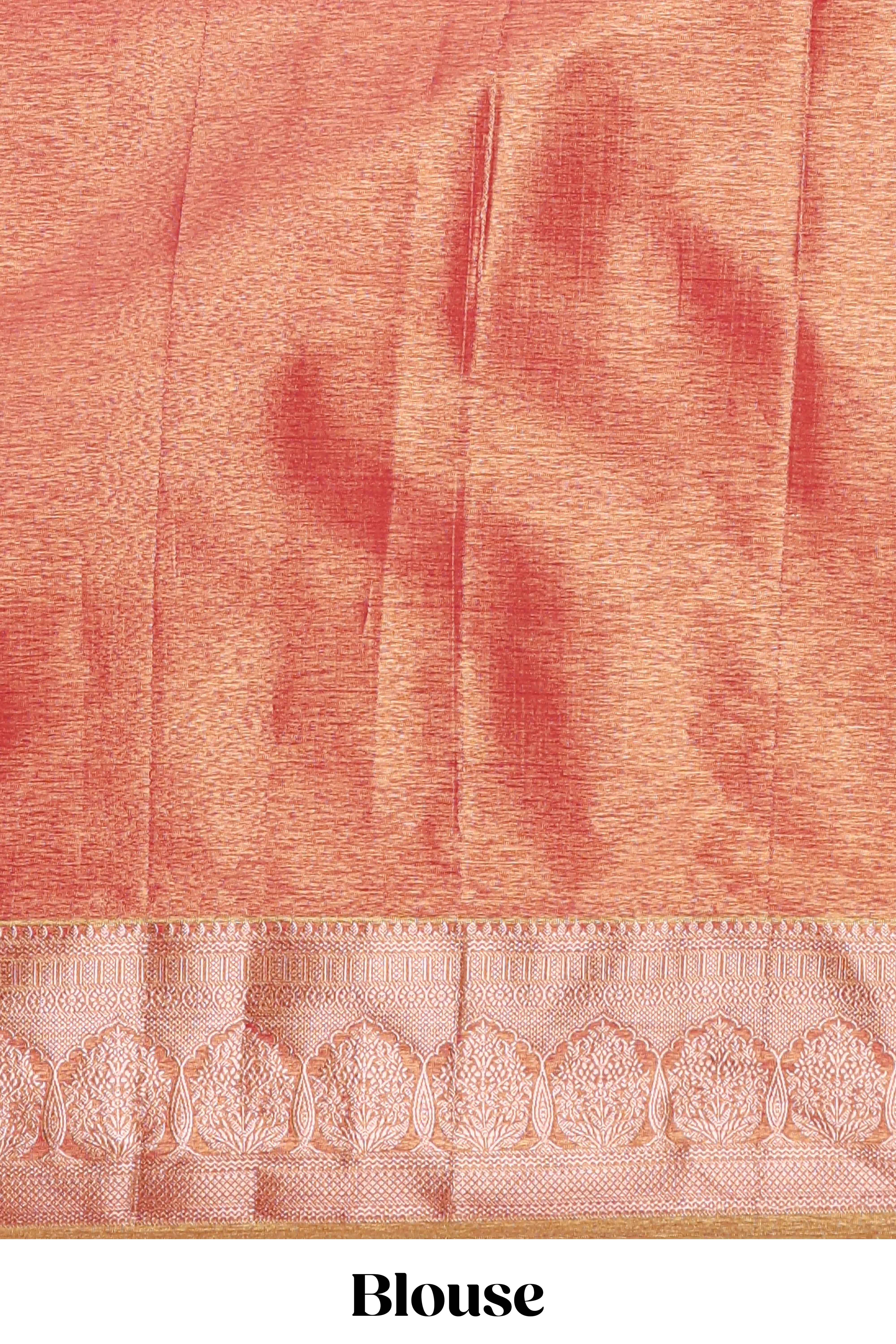 Coral Peach Pink Tissue Silk Saree with Silver Zari Weaving and Pastel  Floral Accents along with Matching Blouse - Image 5