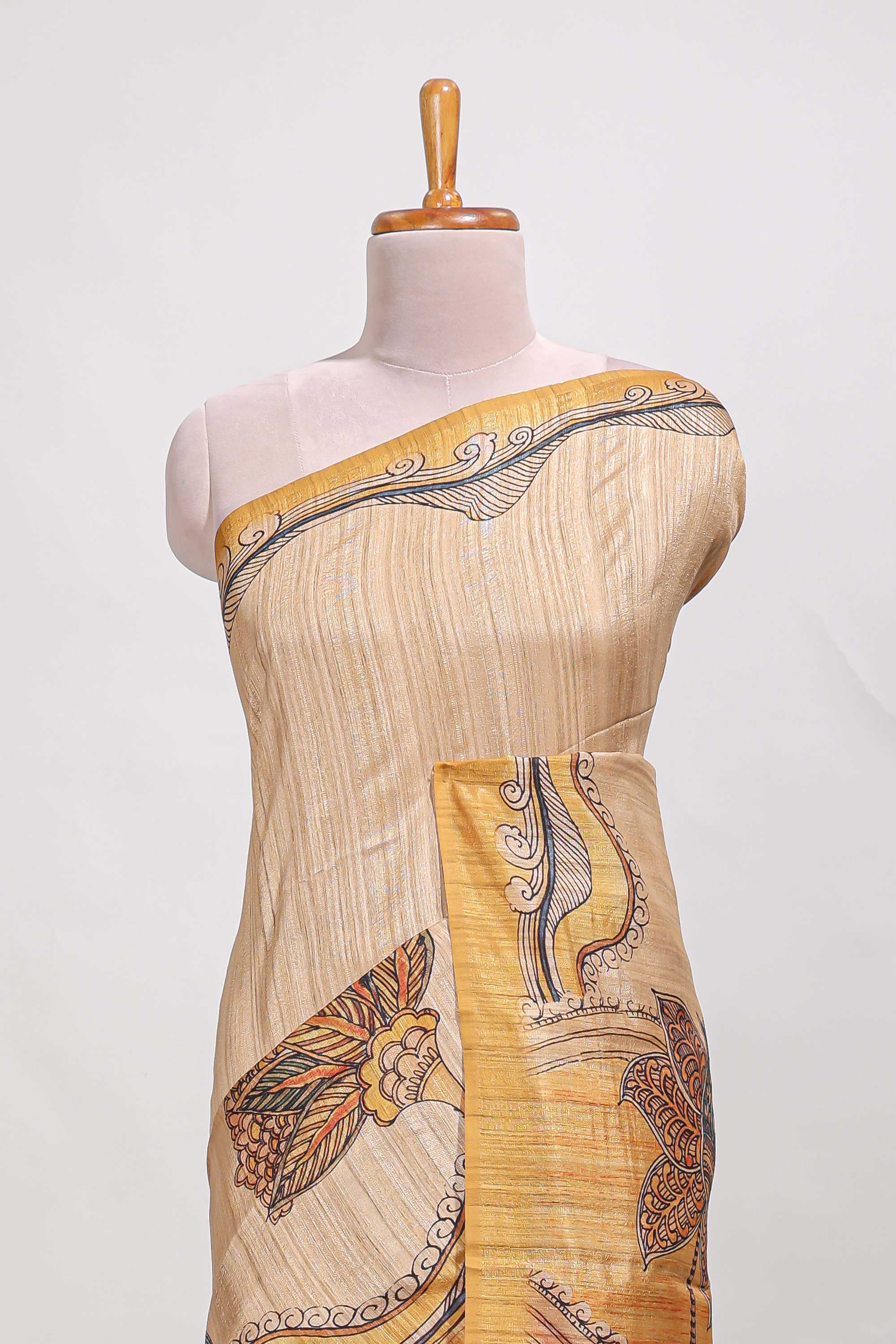 Cream colour semi tussar saree with contrast leaf border and nature art pallu with contrast blouse - Image 3