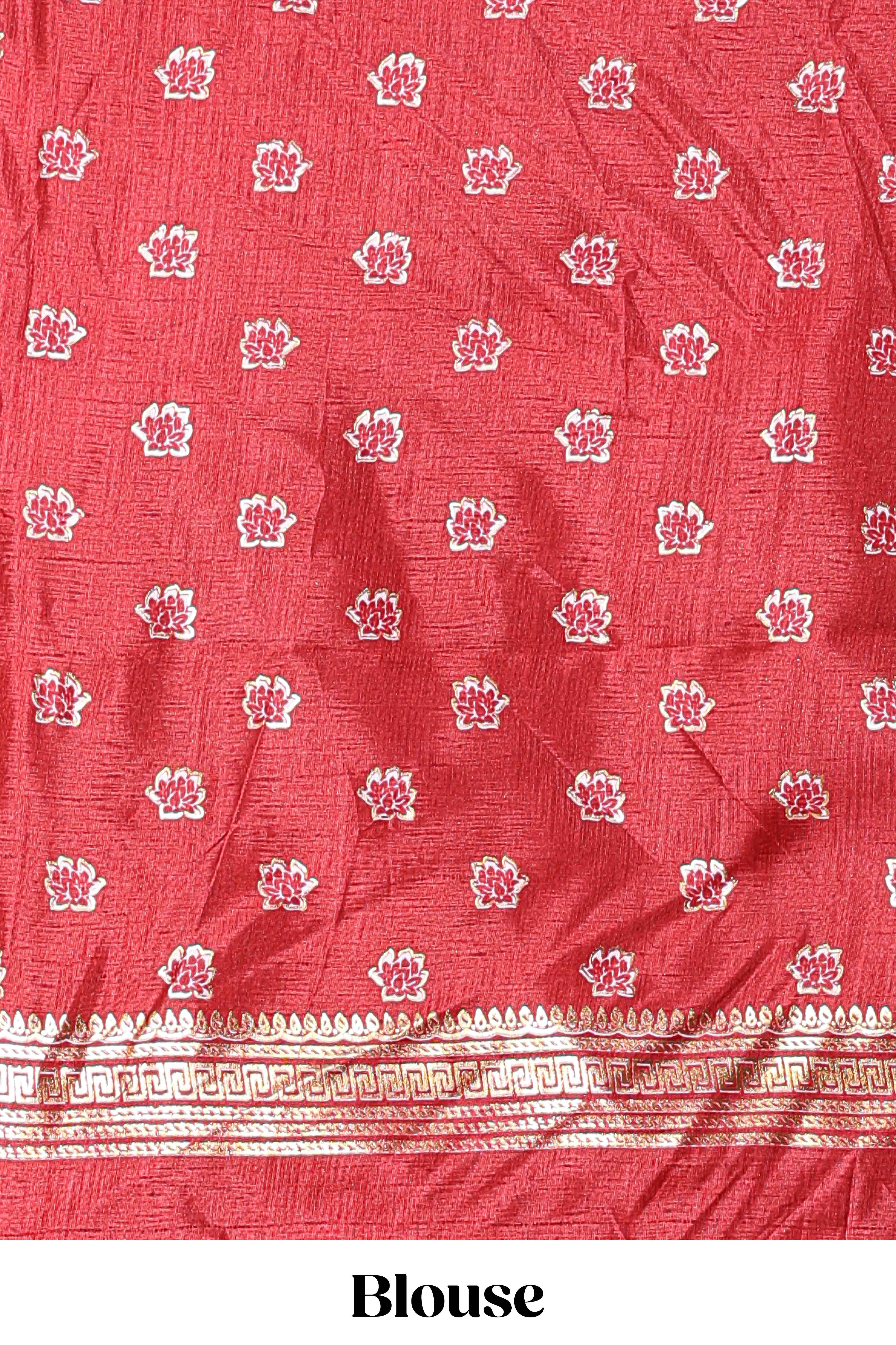 Cream dola silk floral printed lehenga with contrast blouse and dhavani - Image 4