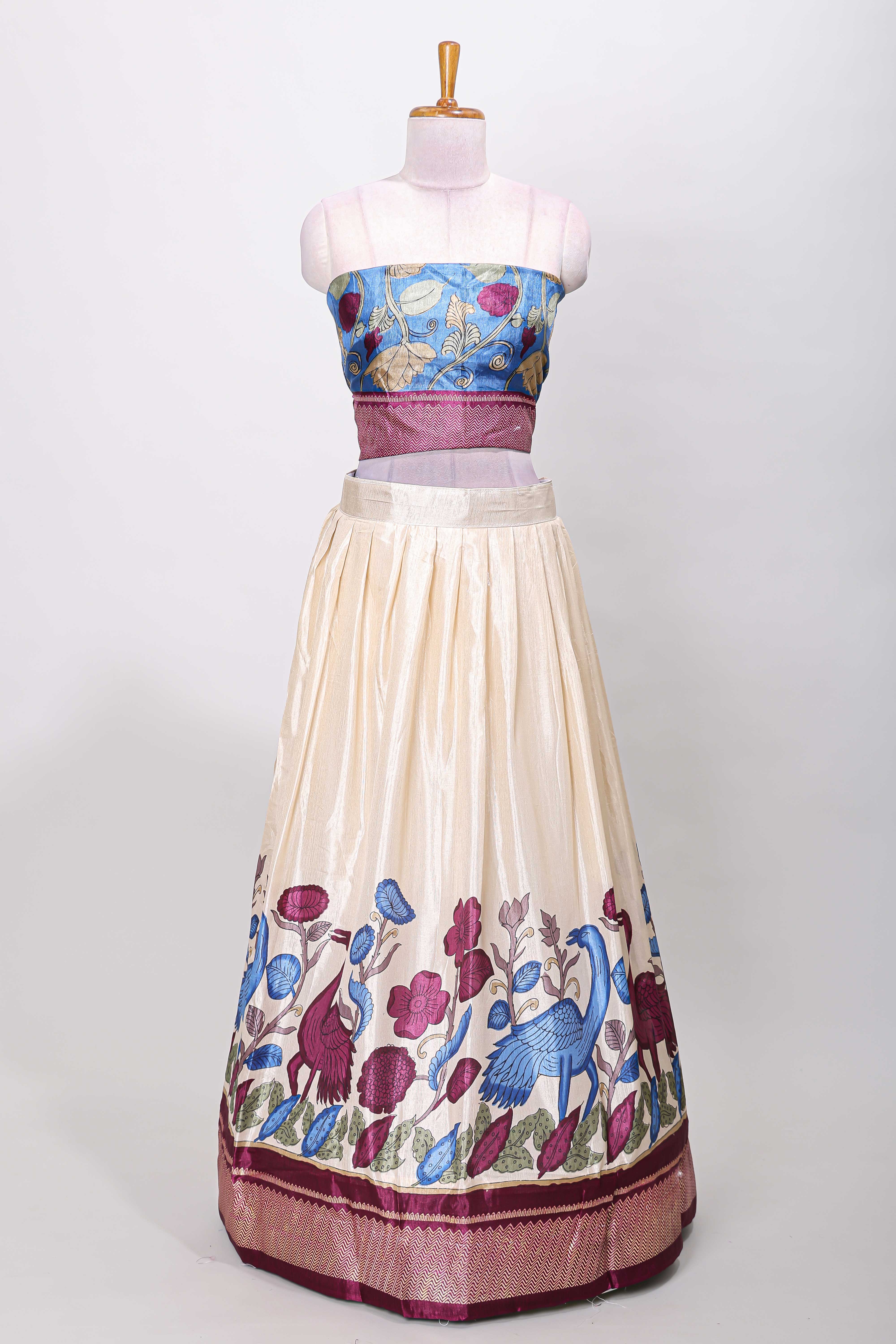 Cream dola silk birds and floral printed lehenga with contrast blouse and dhavani - Image 3