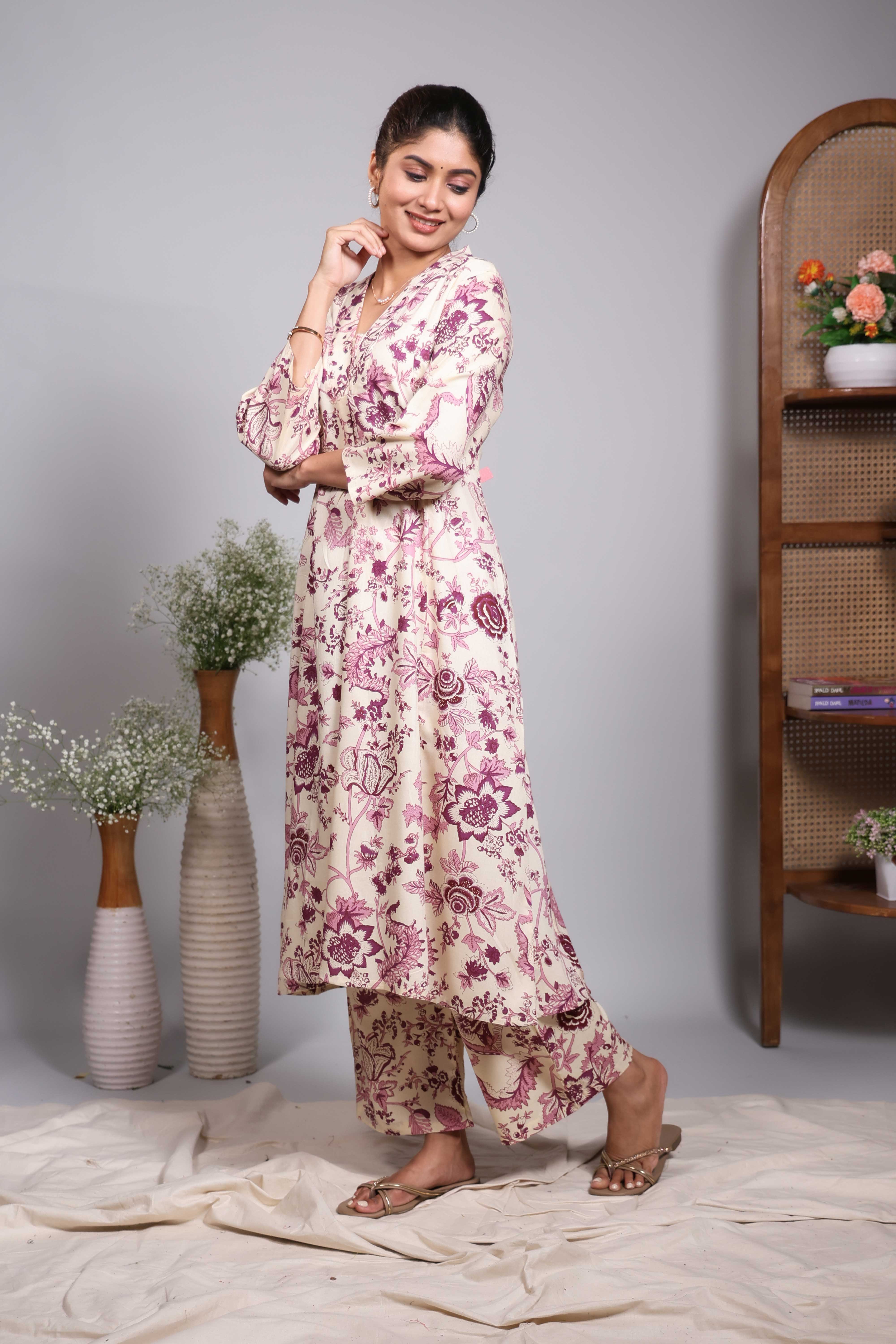 Cream floral design V neck co-ord set with 3/4th sleeve and self bottom - Image 3