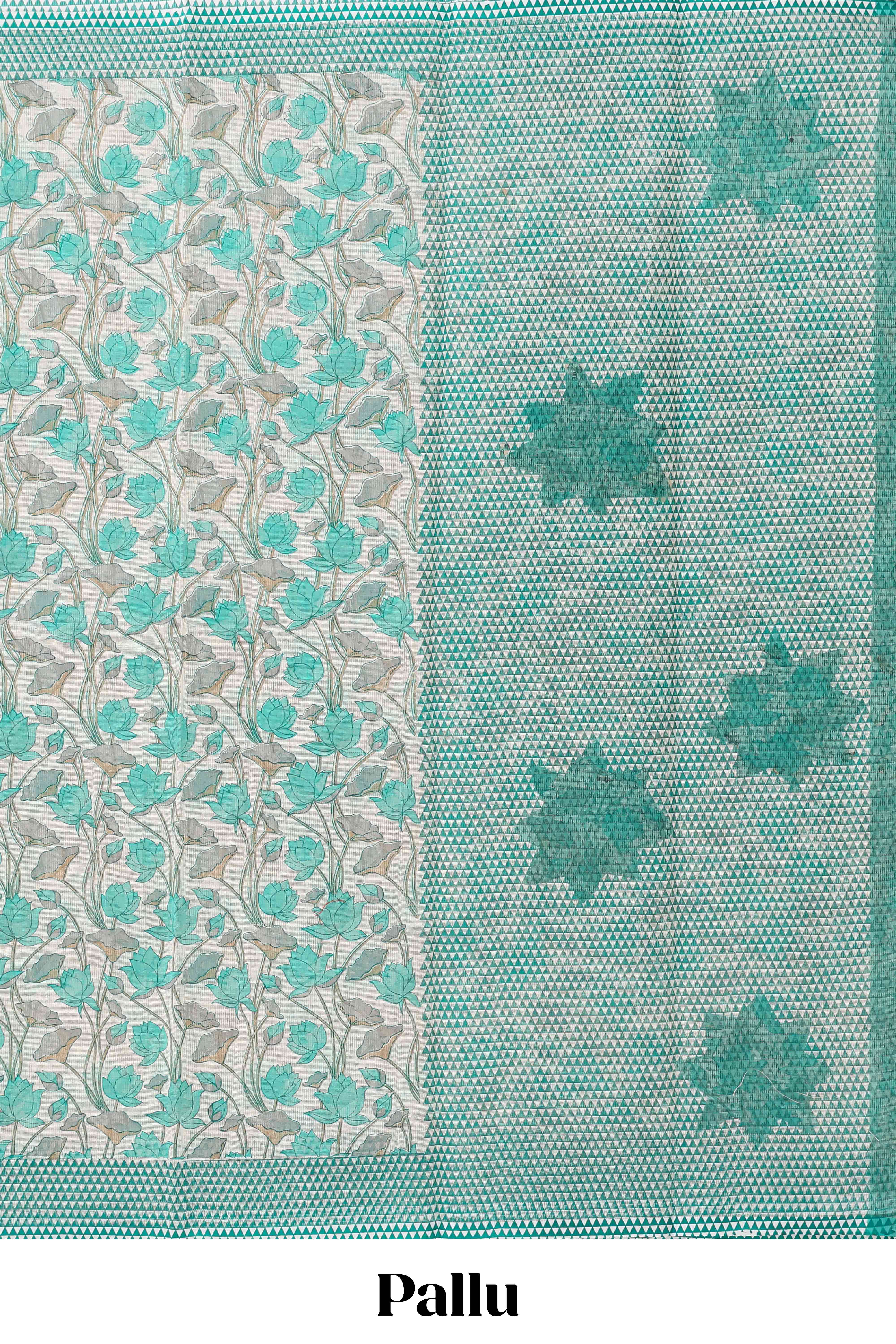 Cream floral design kota cotton saree with contrast border and geometric print blouse - Image 2