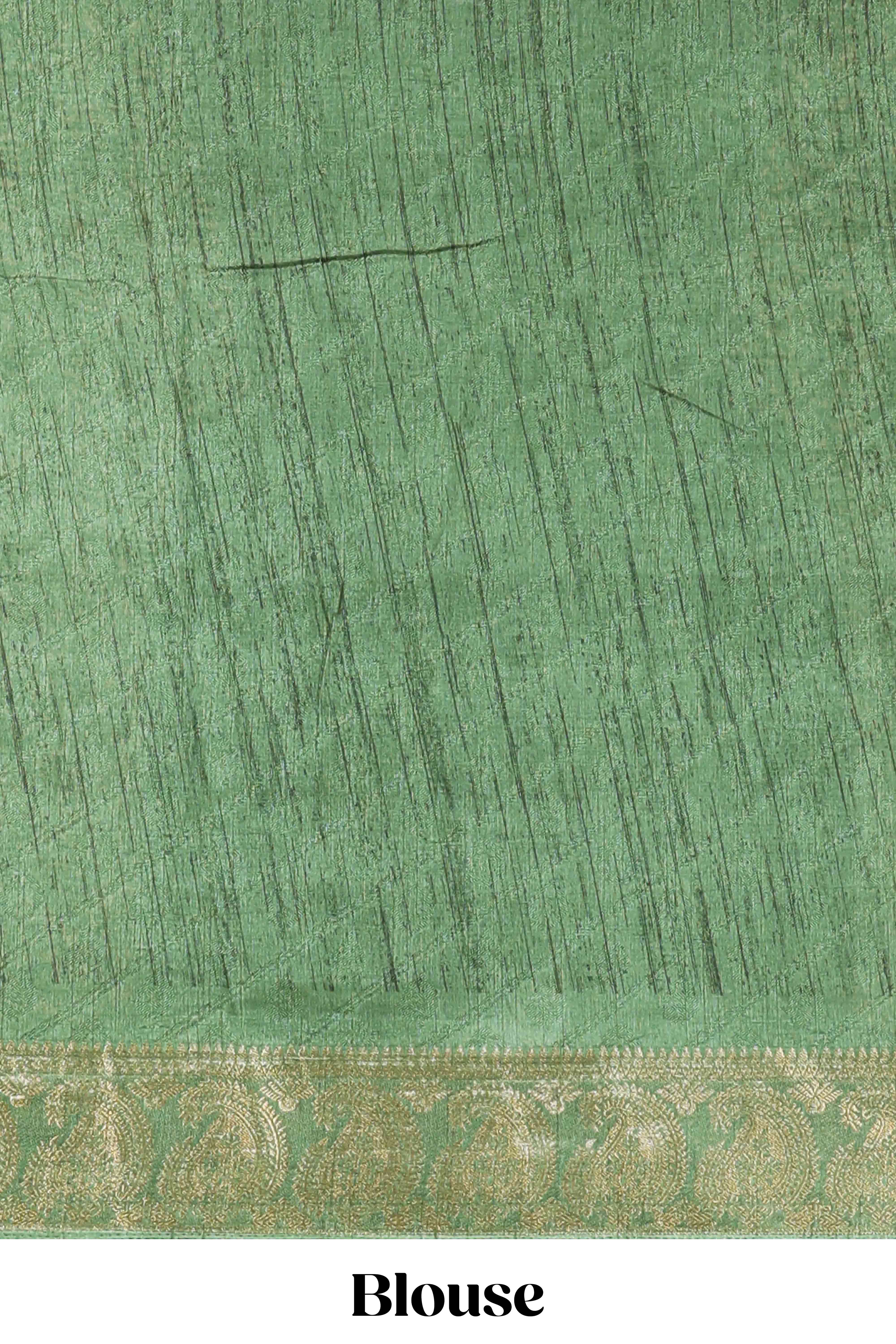 Cream floral design semi dola silk saree with contrast green zari border an blouse - Image 5