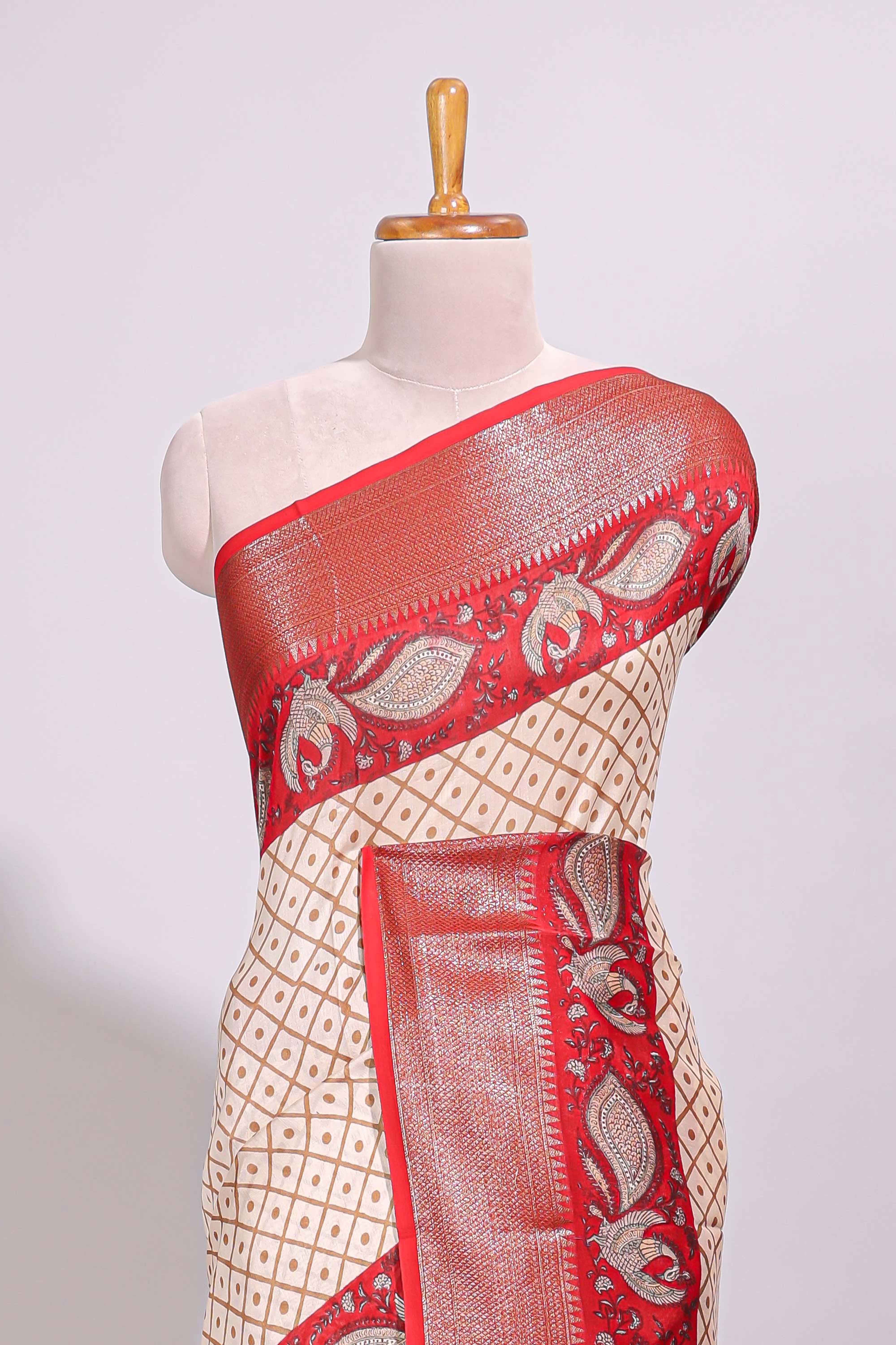 Cream geometric checked motifs chanderi cotton saree with contrast red border and printed blouse - Image 3