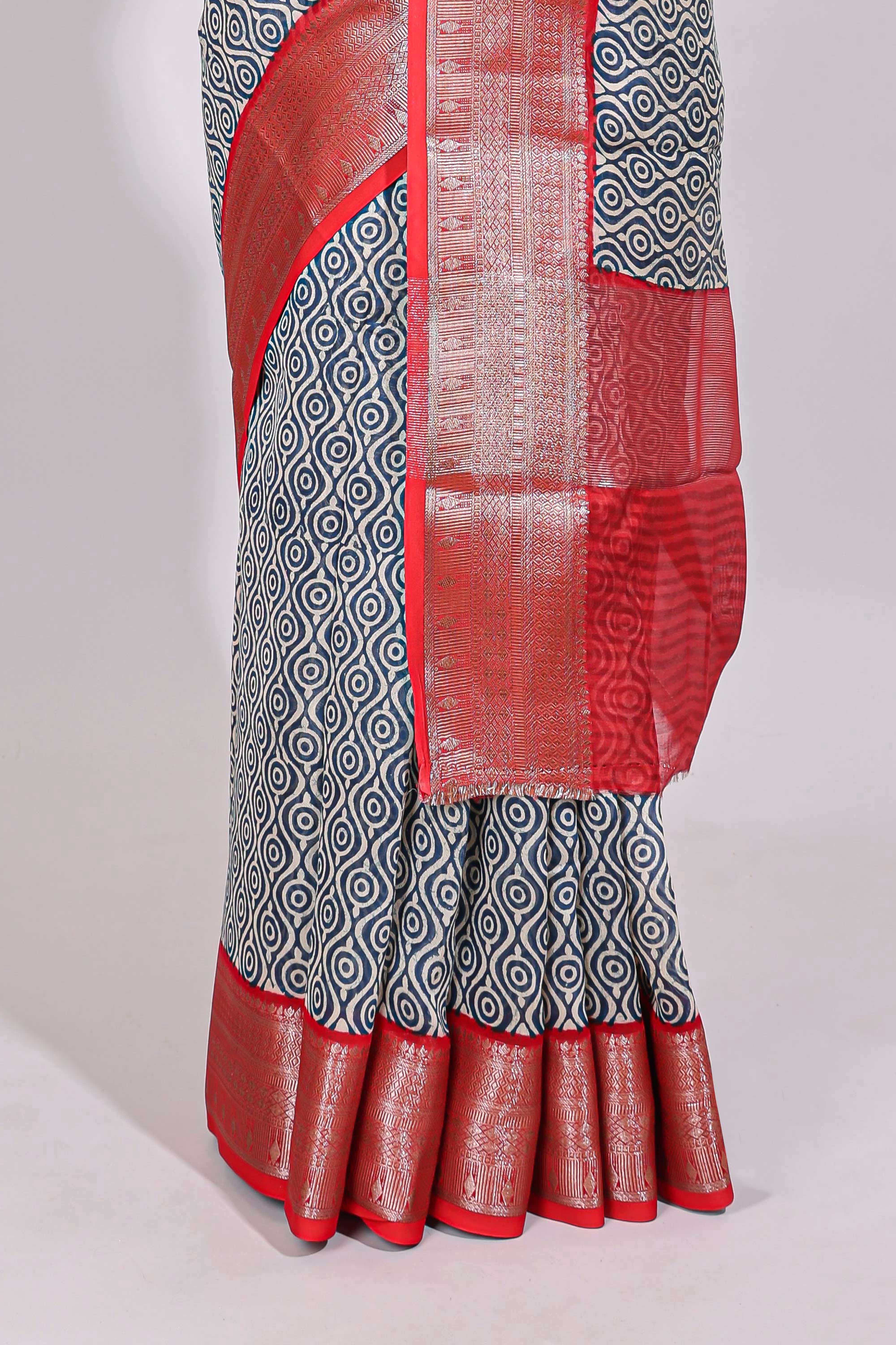 Cream geometric print design chanderi cotton saree with contrast border and striped blouse - Image 4