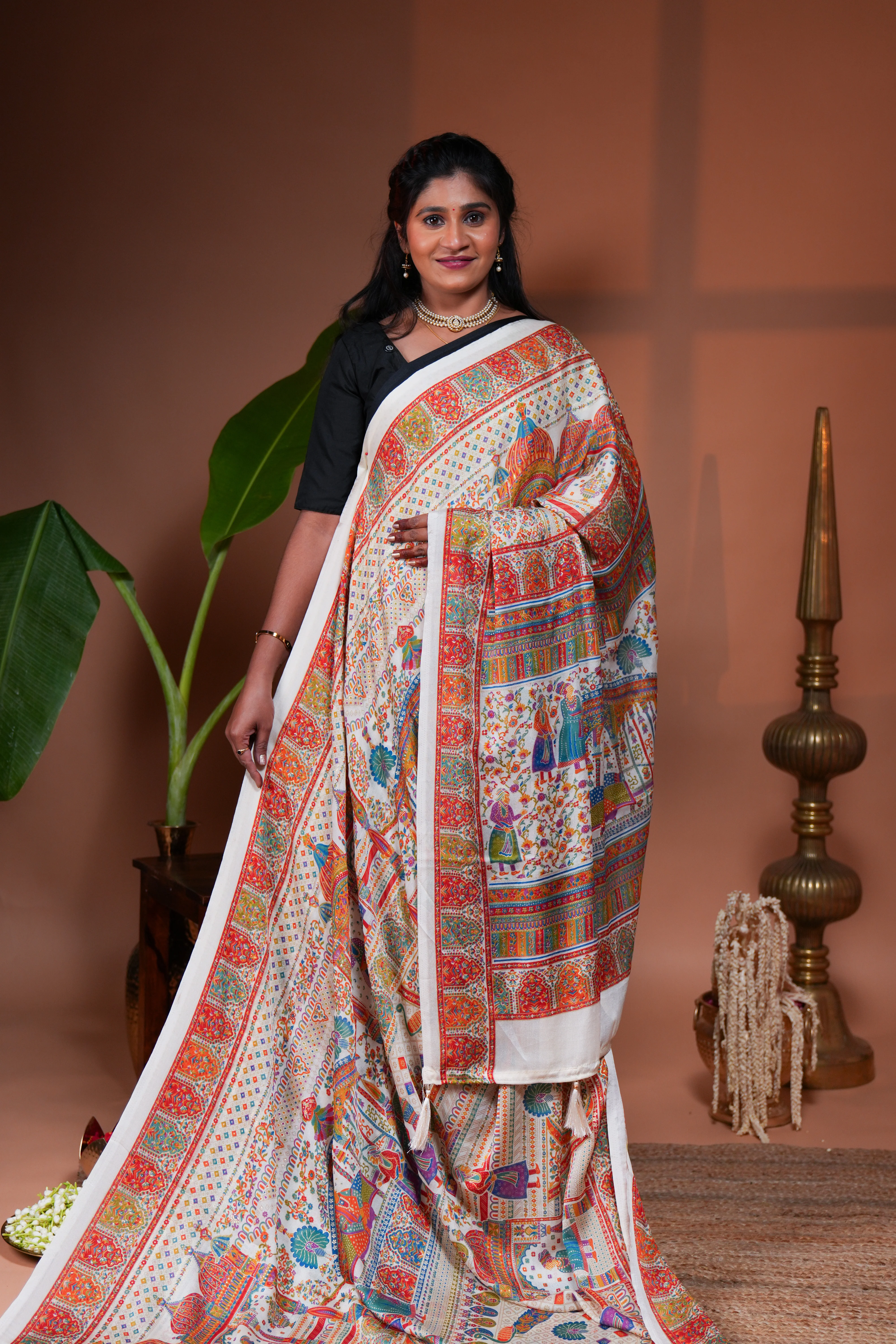 Cream mughal style foil print georgette saree with self border and matching floral printed blouse - Image 2