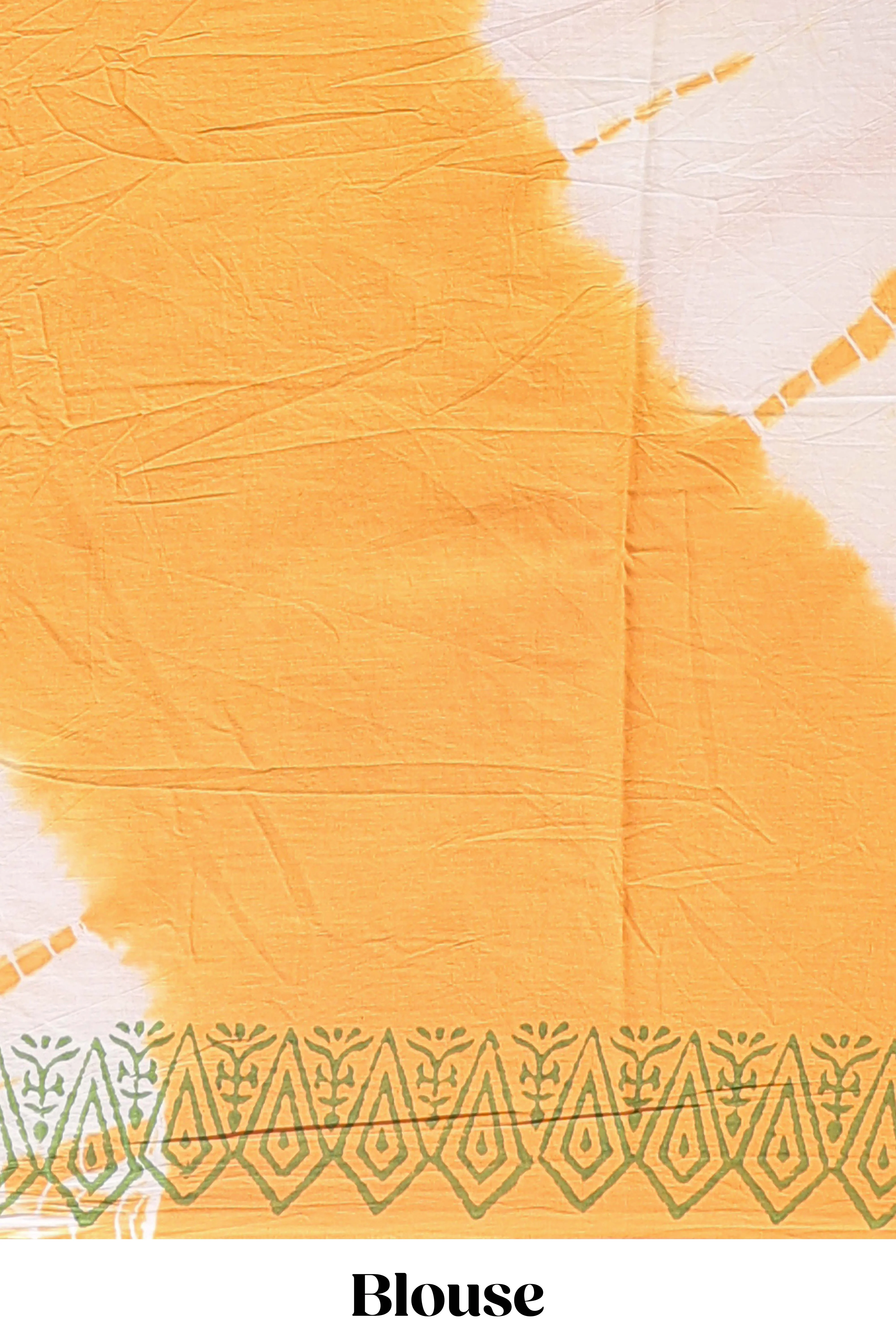 Cream & mustard leaf motifs mul mul cotton saree with self border and matching blouse - Image 5