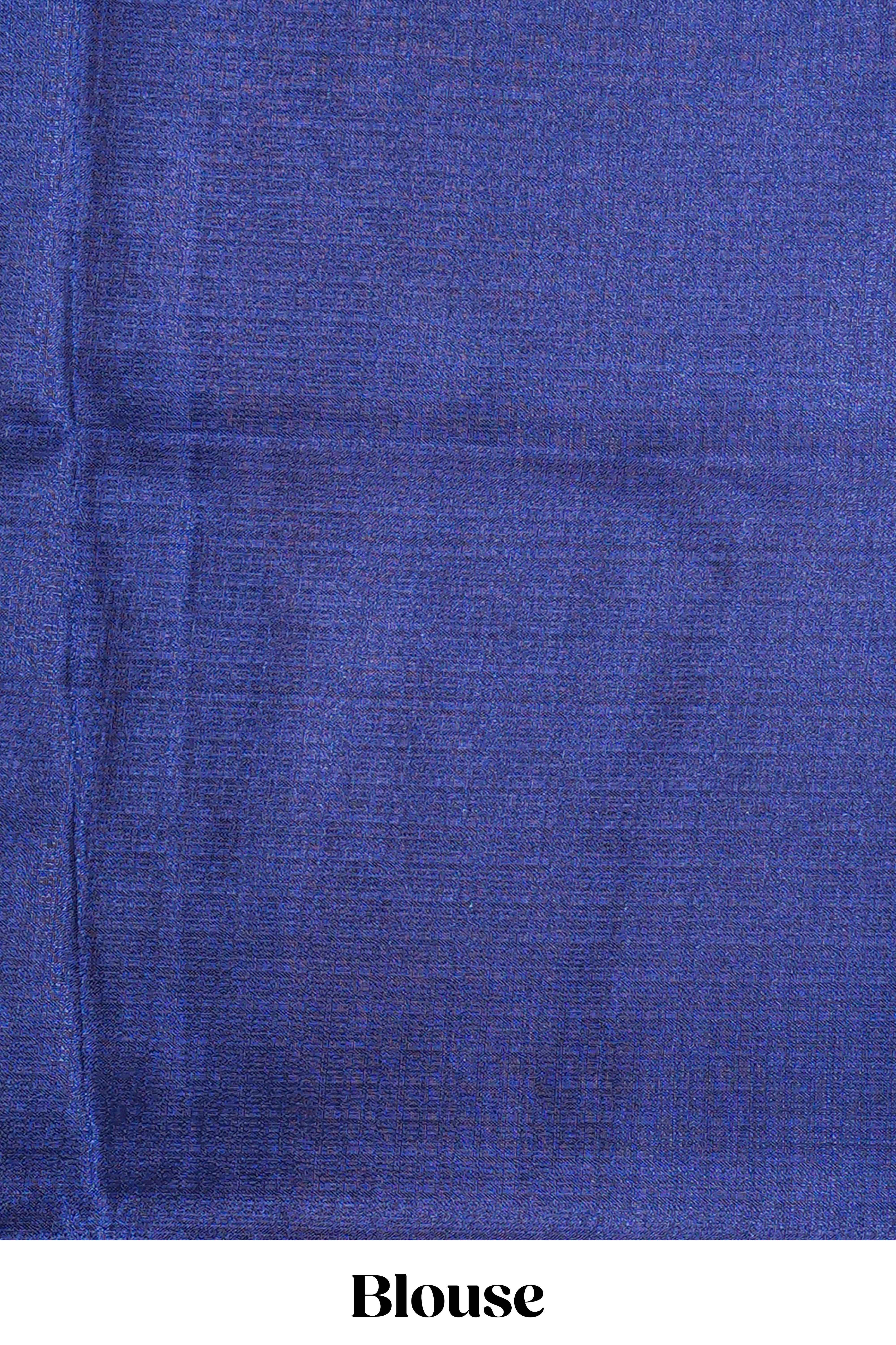 Cream south cotton saree with green kalamkari print on body, pallu contrast blue blouse - Image 5
