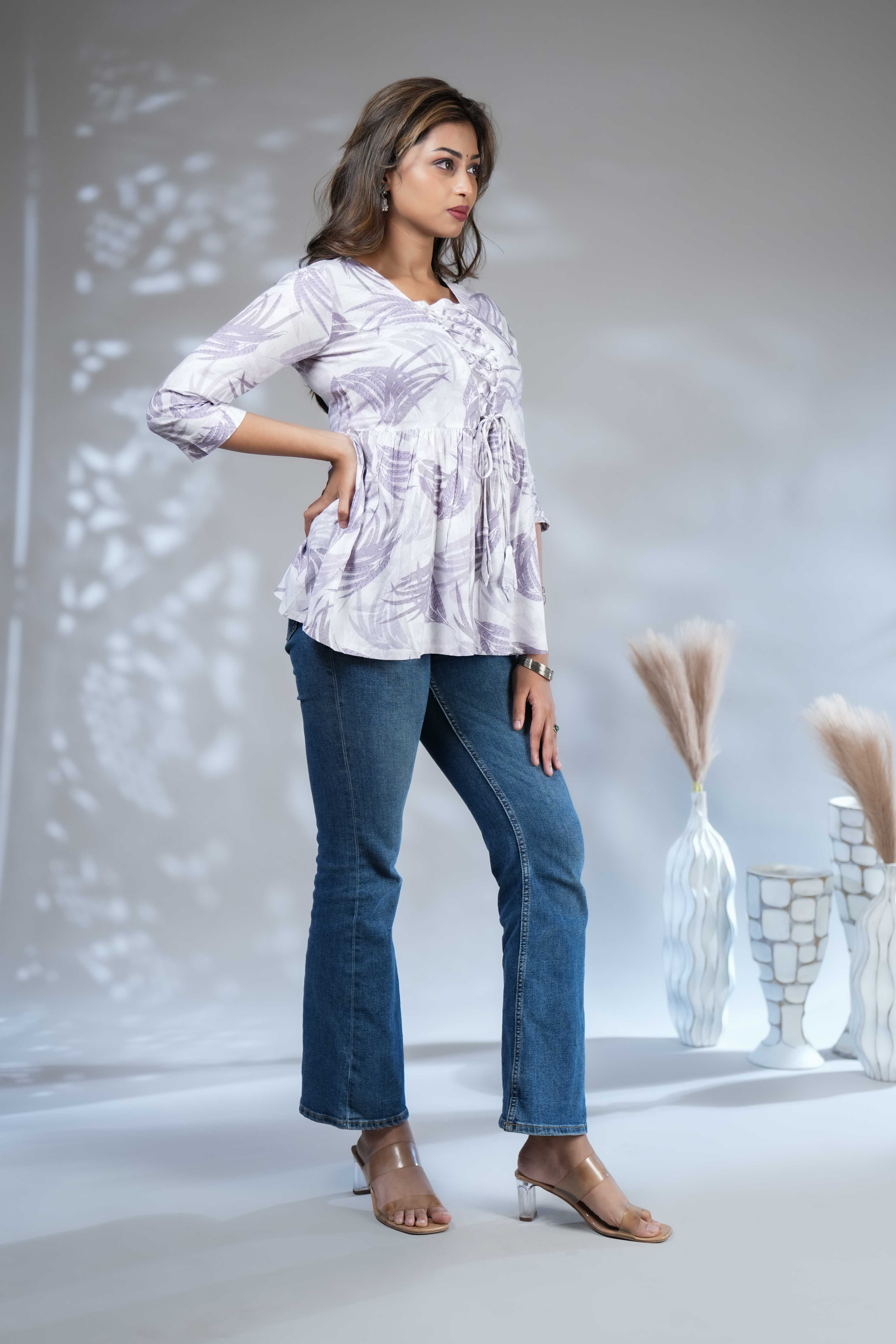 Cream Shibori Tie-Dye Print Short Kurti with Vertical Stripes, 3/4 Sleeves & Tassel Tie-Up Neck - Image 3