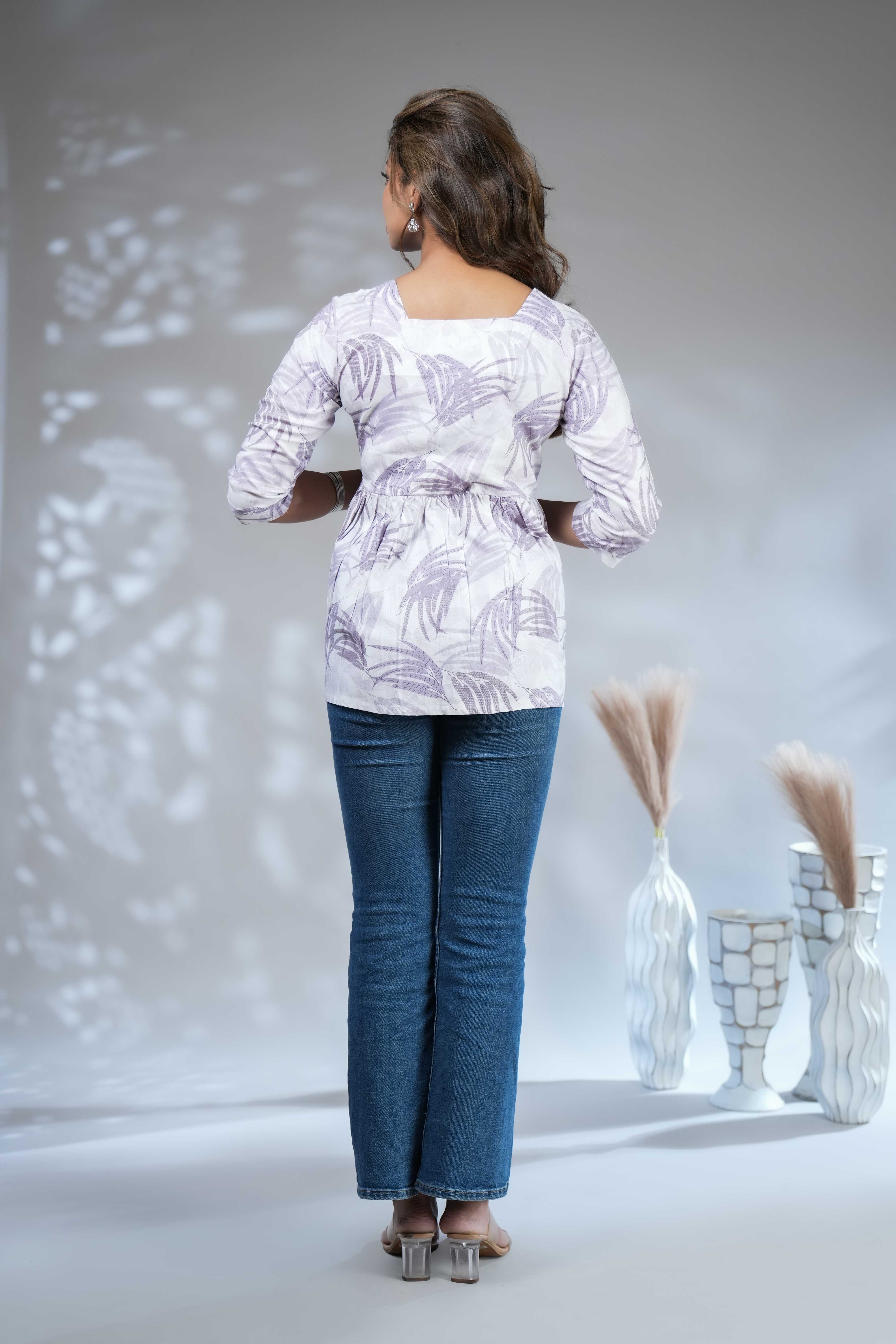 Cream Shibori Tie-Dye Print Short Kurti with Vertical Stripes, 3/4 Sleeves & Tassel Tie-Up Neck - Image 5