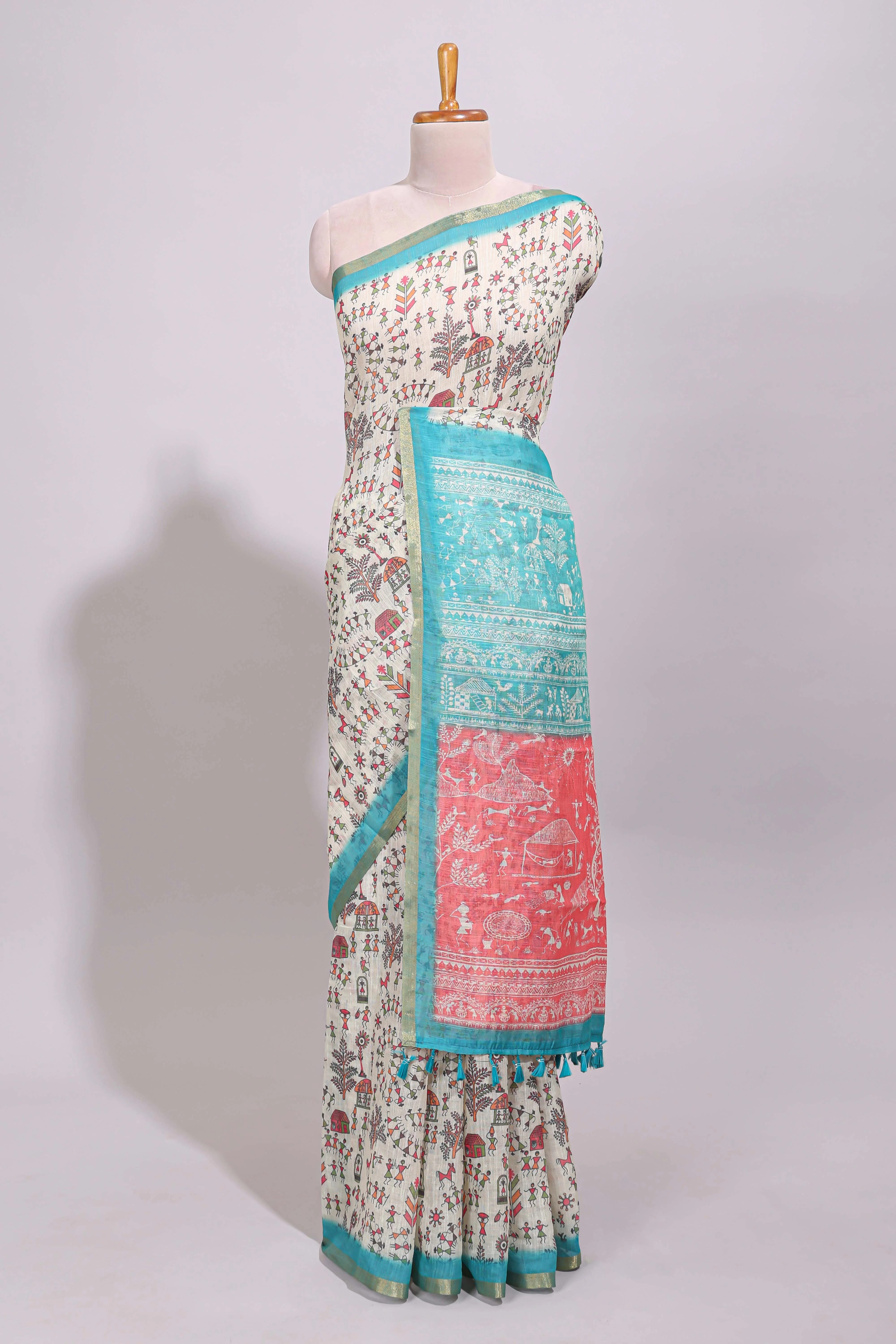Cream warli design linen cotton saree with contrast zari border and printed blouse - Image 2