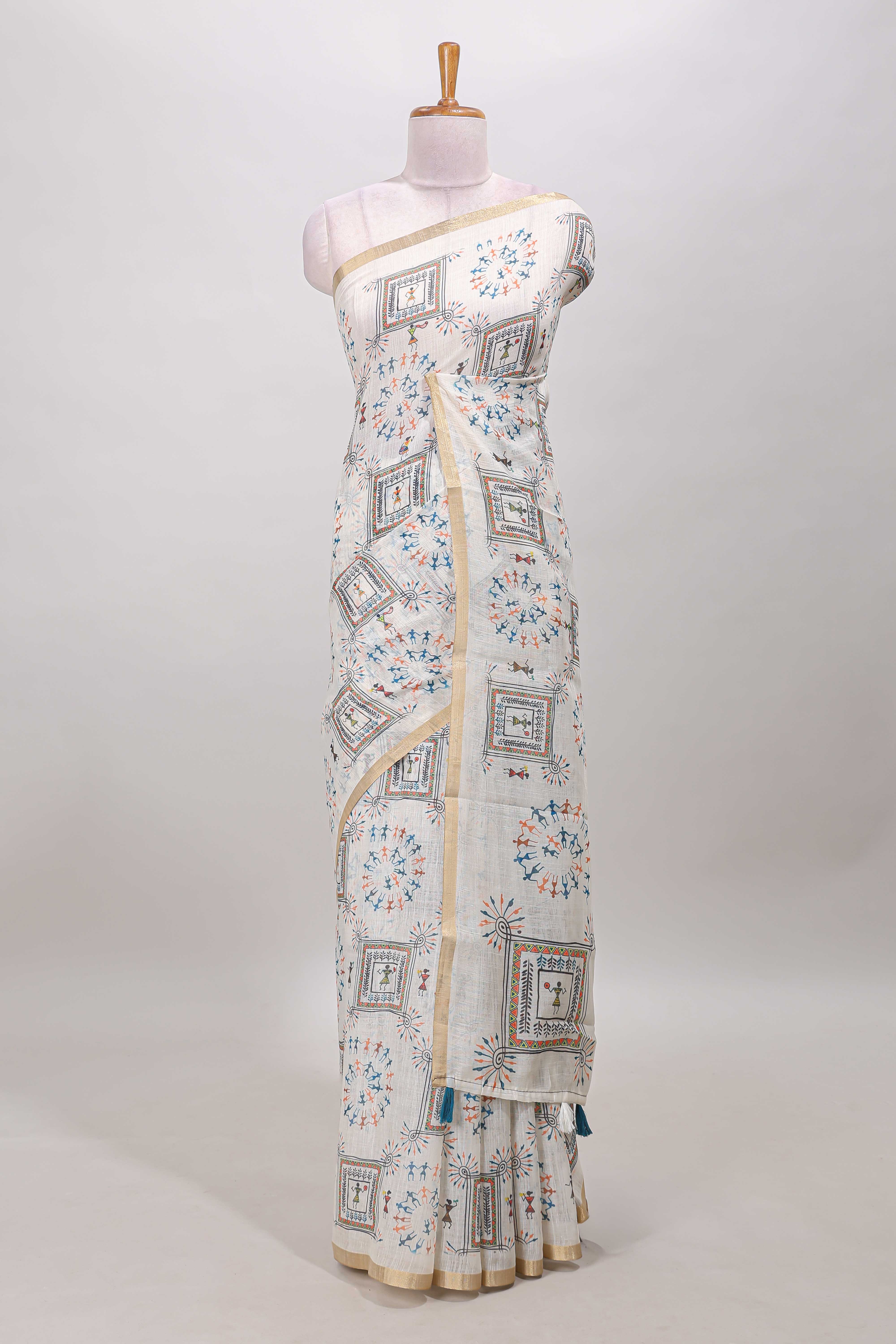 Cream warli print linen cotton saree with self zari border and printed blouse - Image 2