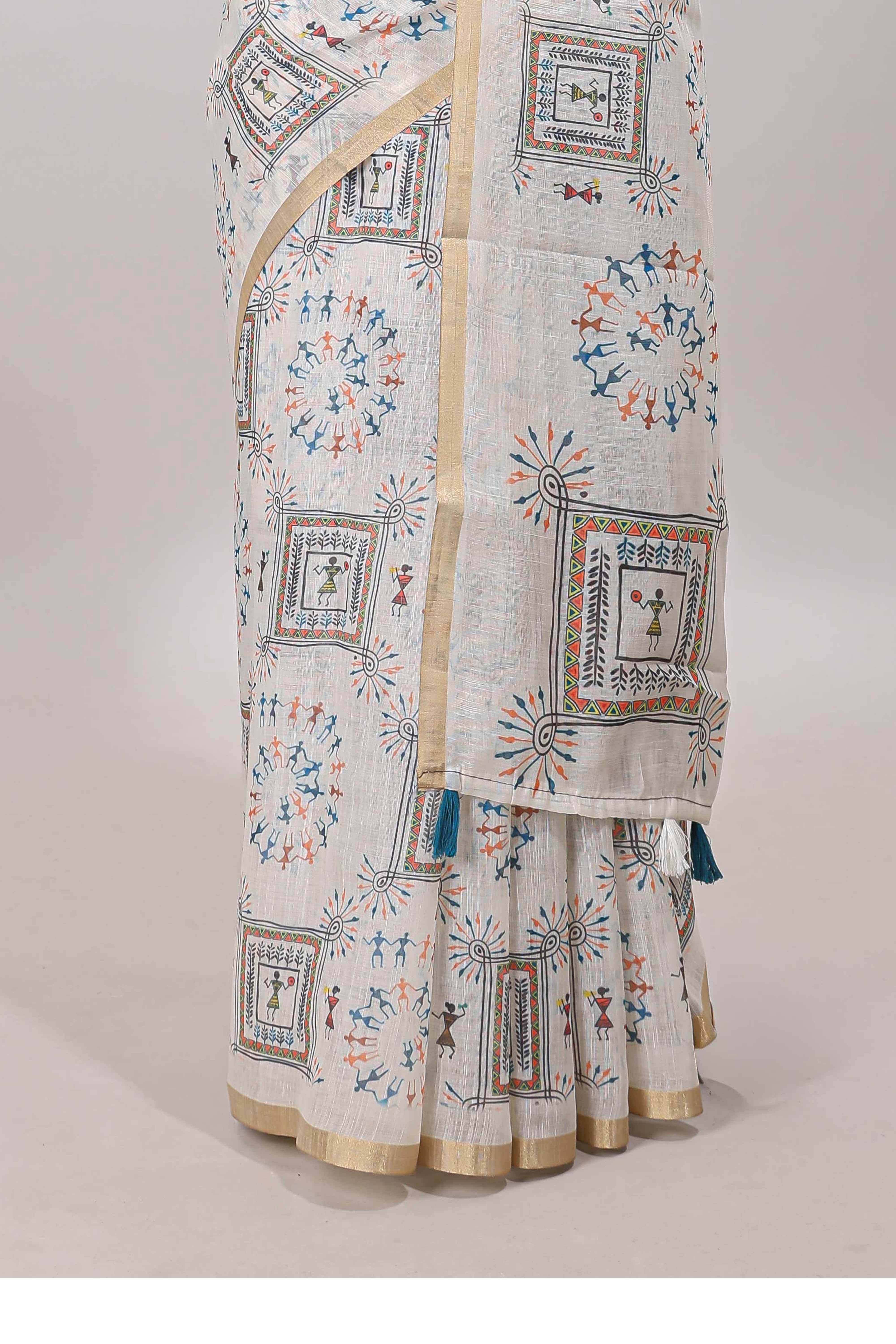 Cream warli print linen cotton saree with self zari border and printed blouse - Image 4