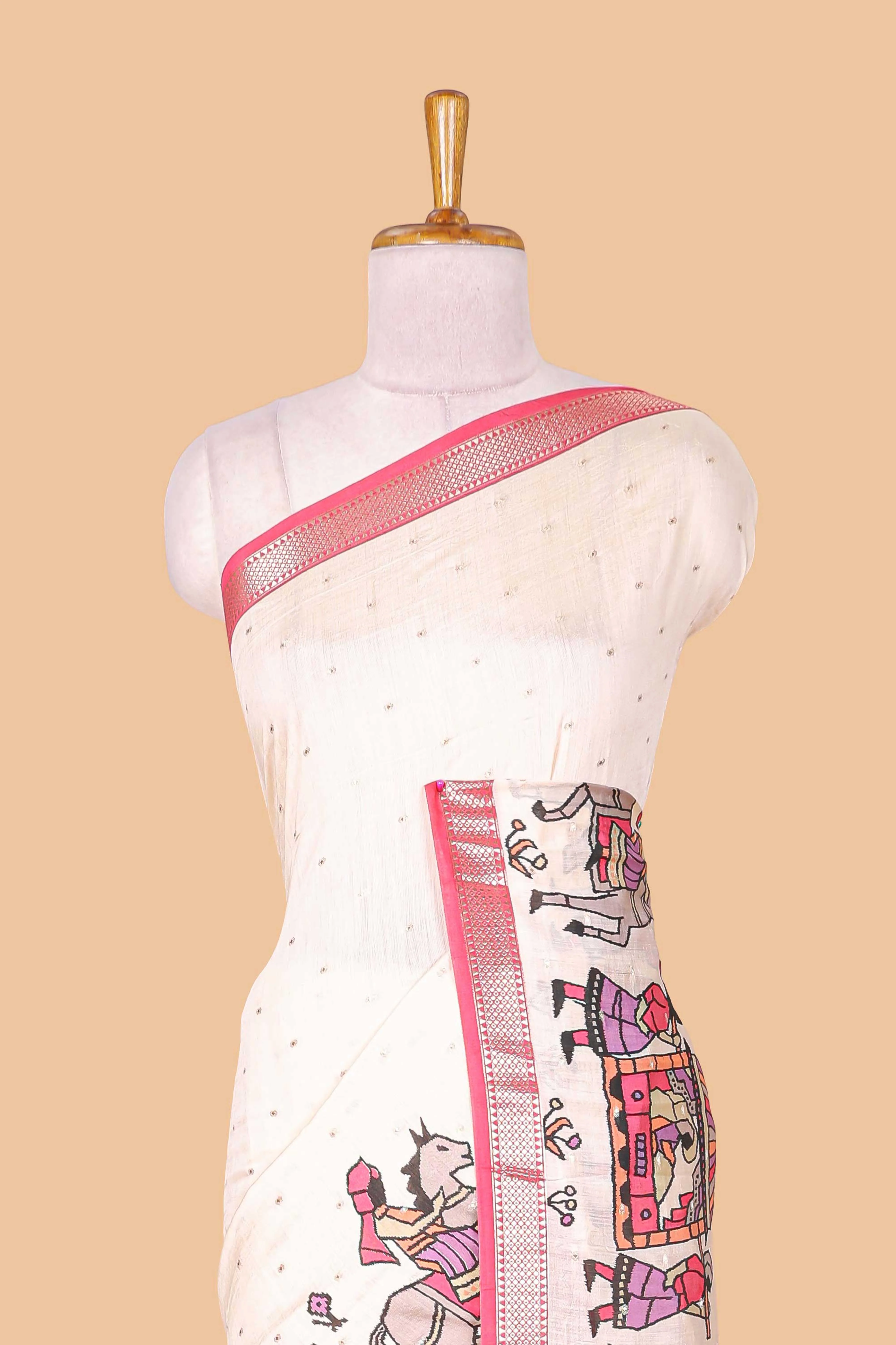 Cream zari dot buttas and pallakku procession themed assam silk saree with contrast pink border and striped pallu - Image 3