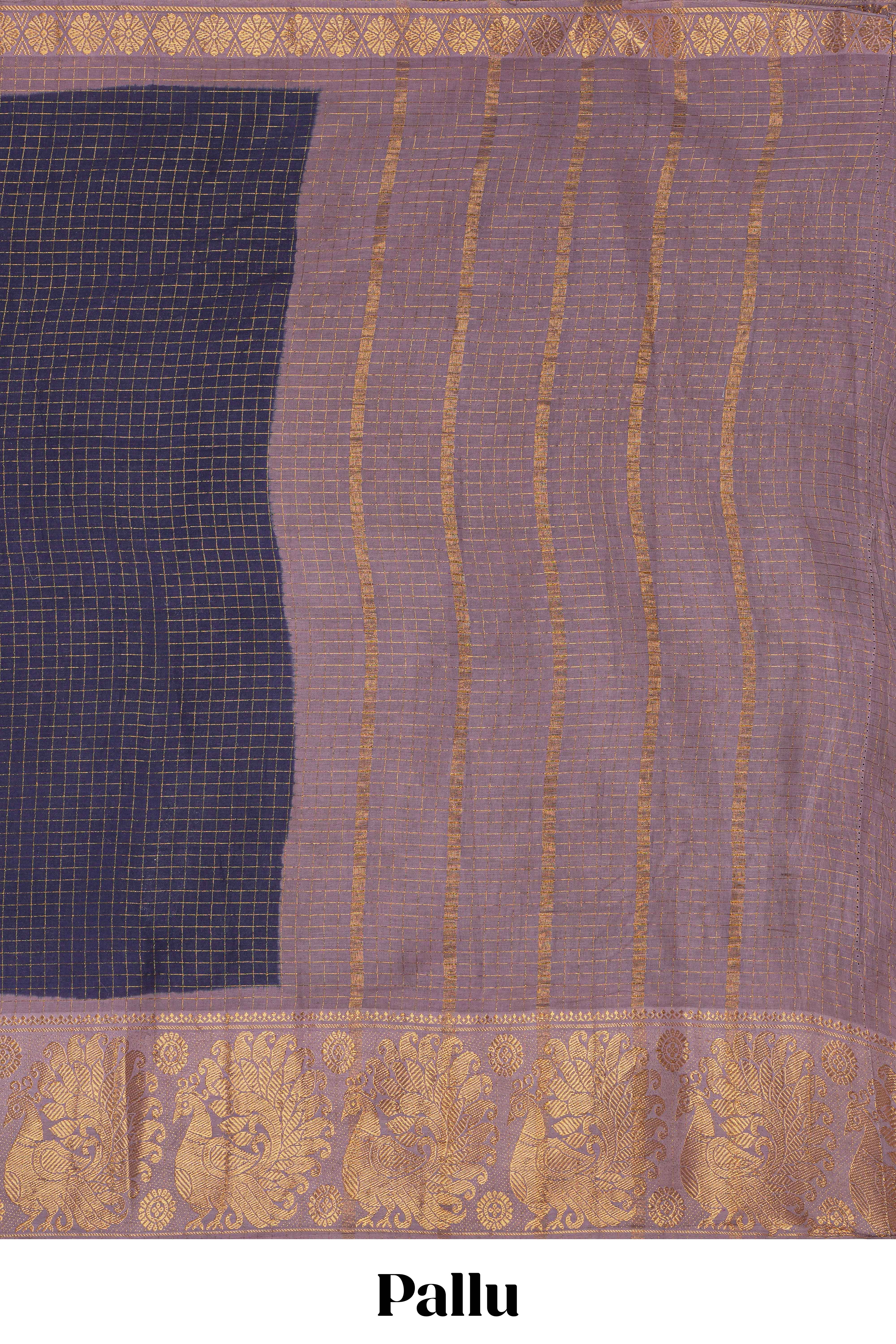 Dark blue Chettinad cotton saree with checked body contrasting peacock zari border striped pallu and blouse - Image 2