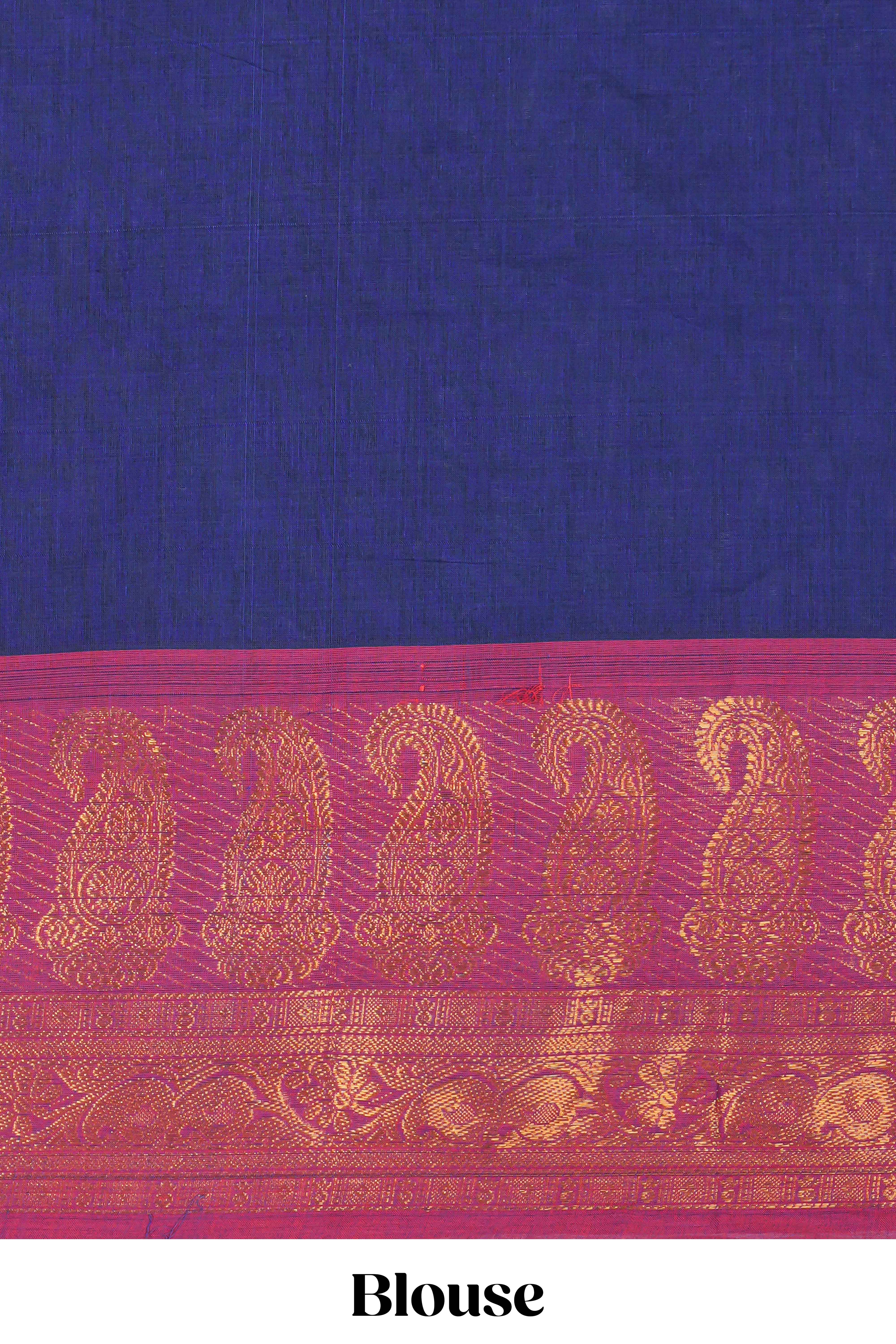 Dark blue plain chettinad cotton saree with contrast zari border and matching blouse - Image 3