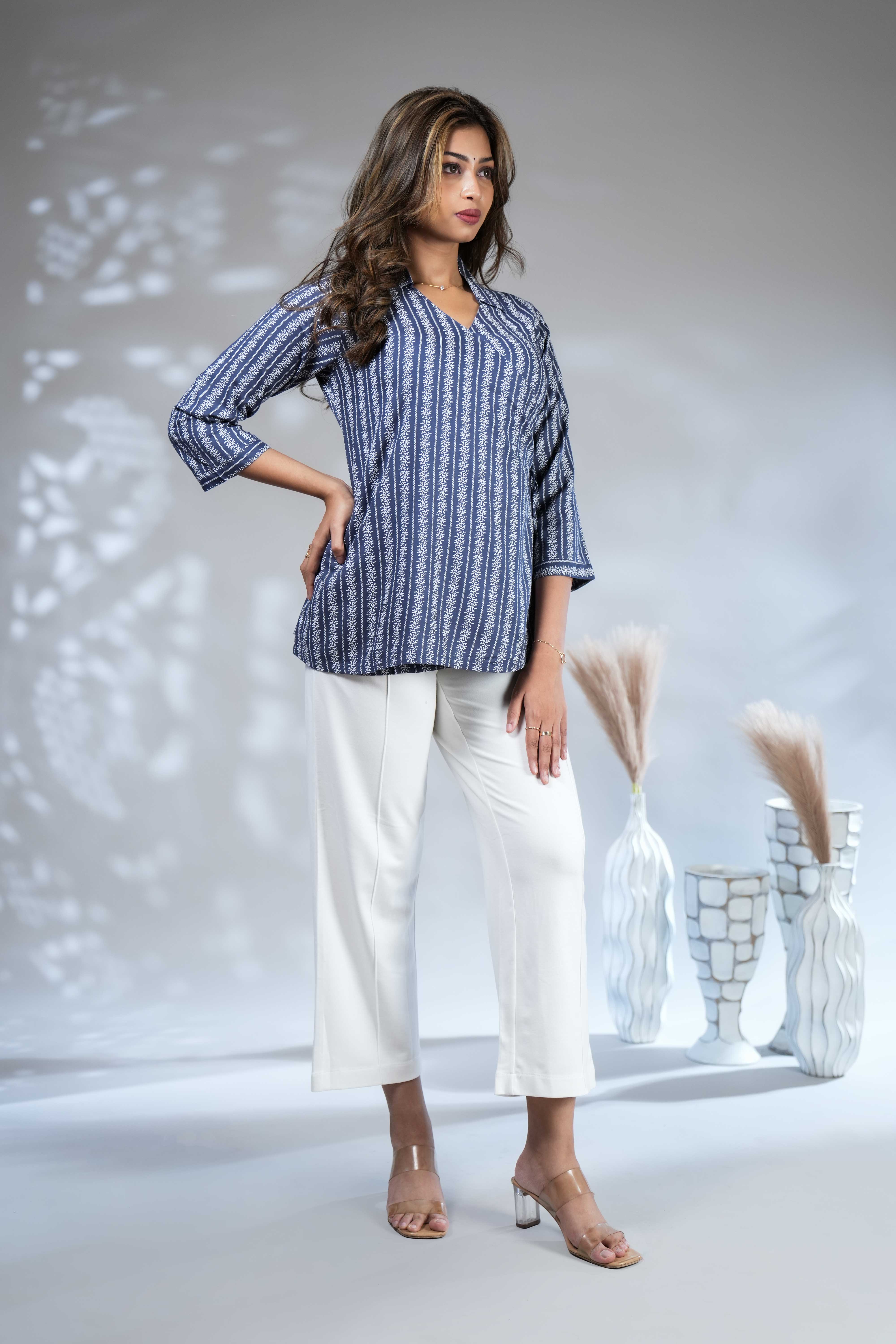 Dark blue floral design Short Kurti with Vertical Stripes, 3/4 Sleeves Collar Neck - Image 3