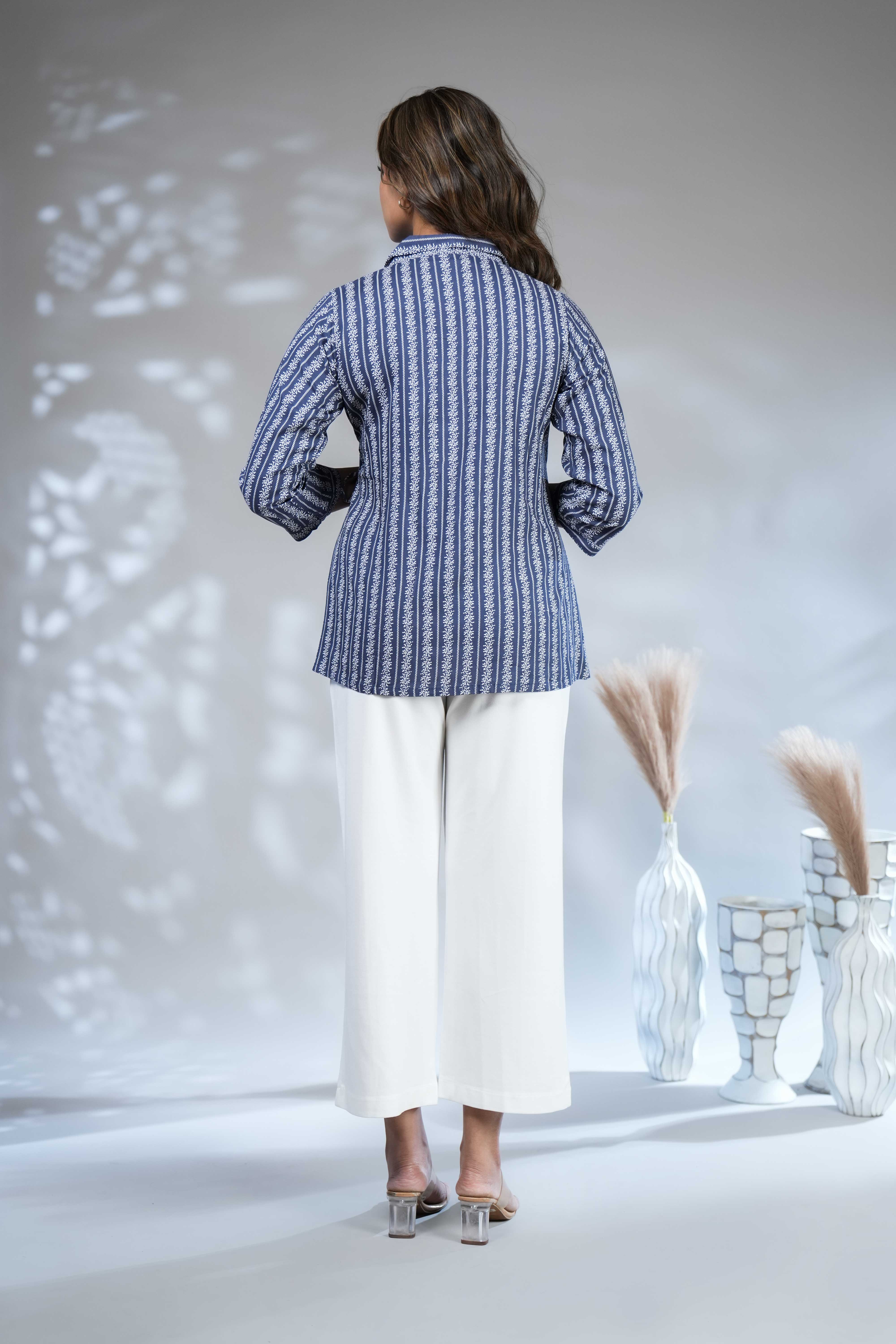 Dark blue floral design Short Kurti with Vertical Stripes, 3/4 Sleeves Collar Neck - Image 5