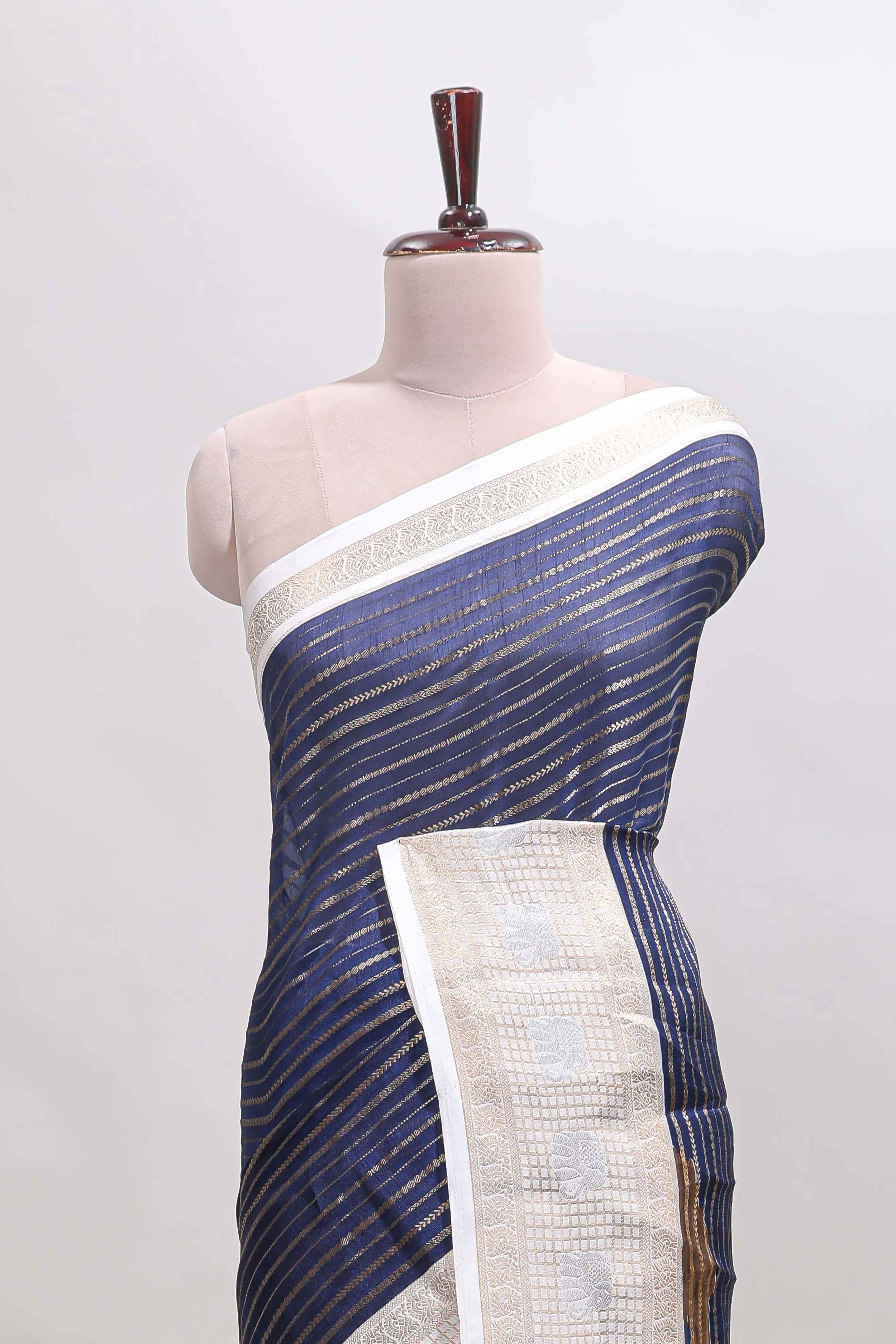 Dark blue zari striped dola silk saree with  contrast zari border and printed blouse - Image 3
