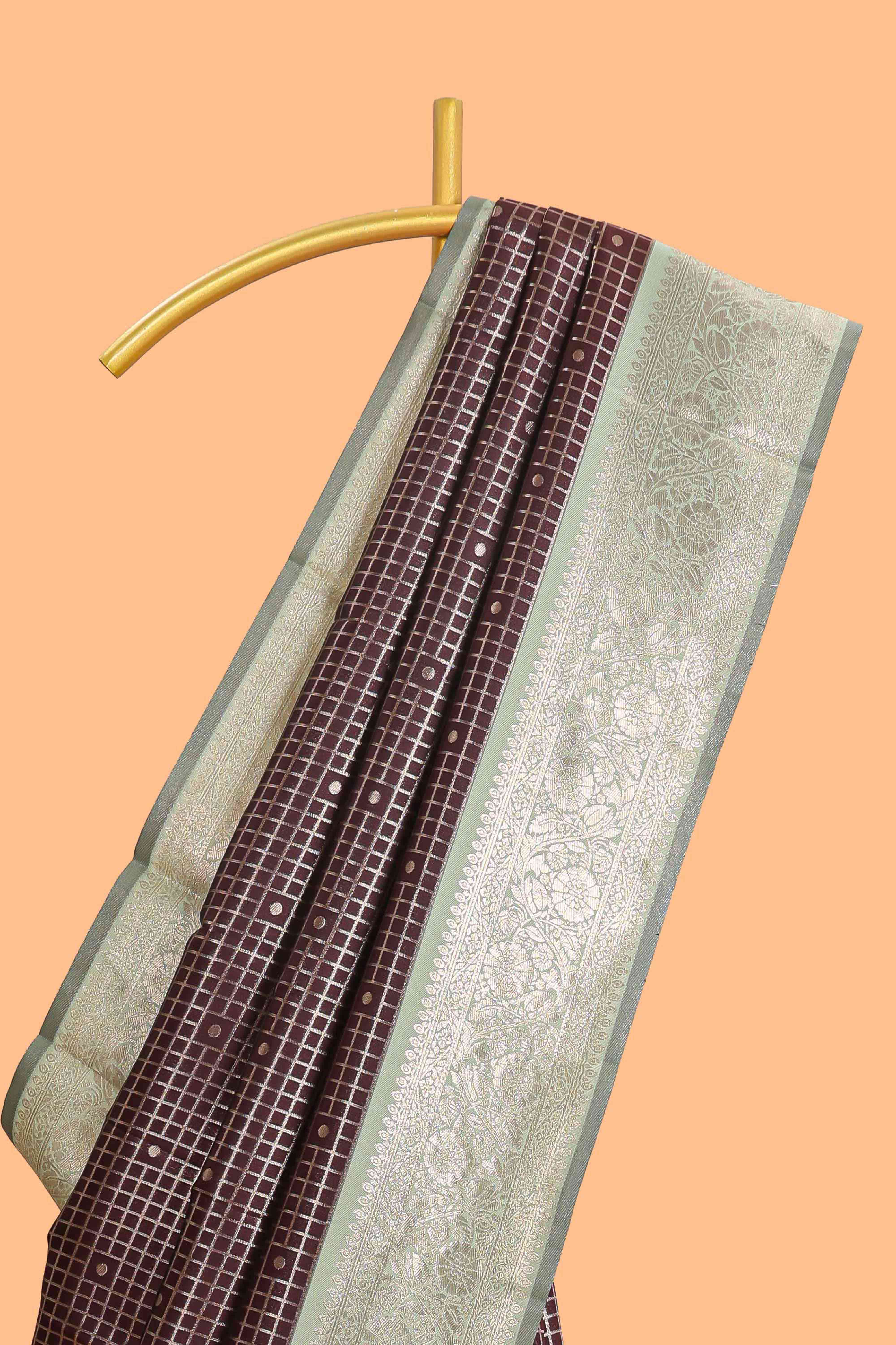 Dark brown checked floral motifs design semi soft silk saree with contrast border and blouse - Image 2