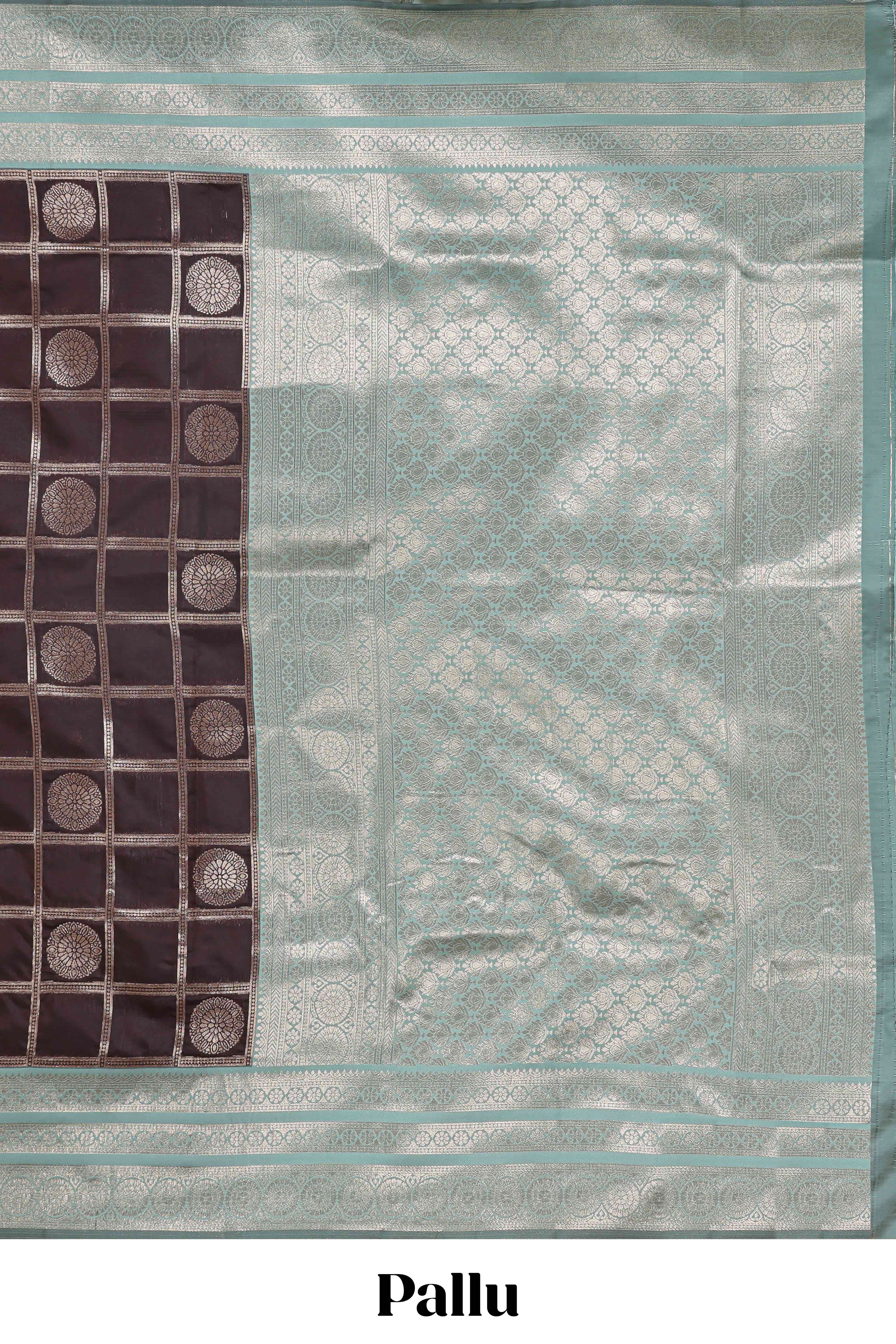 Dark brown checked floral motifs design semi soft silk saree with contrast border and blouse - Image 4
