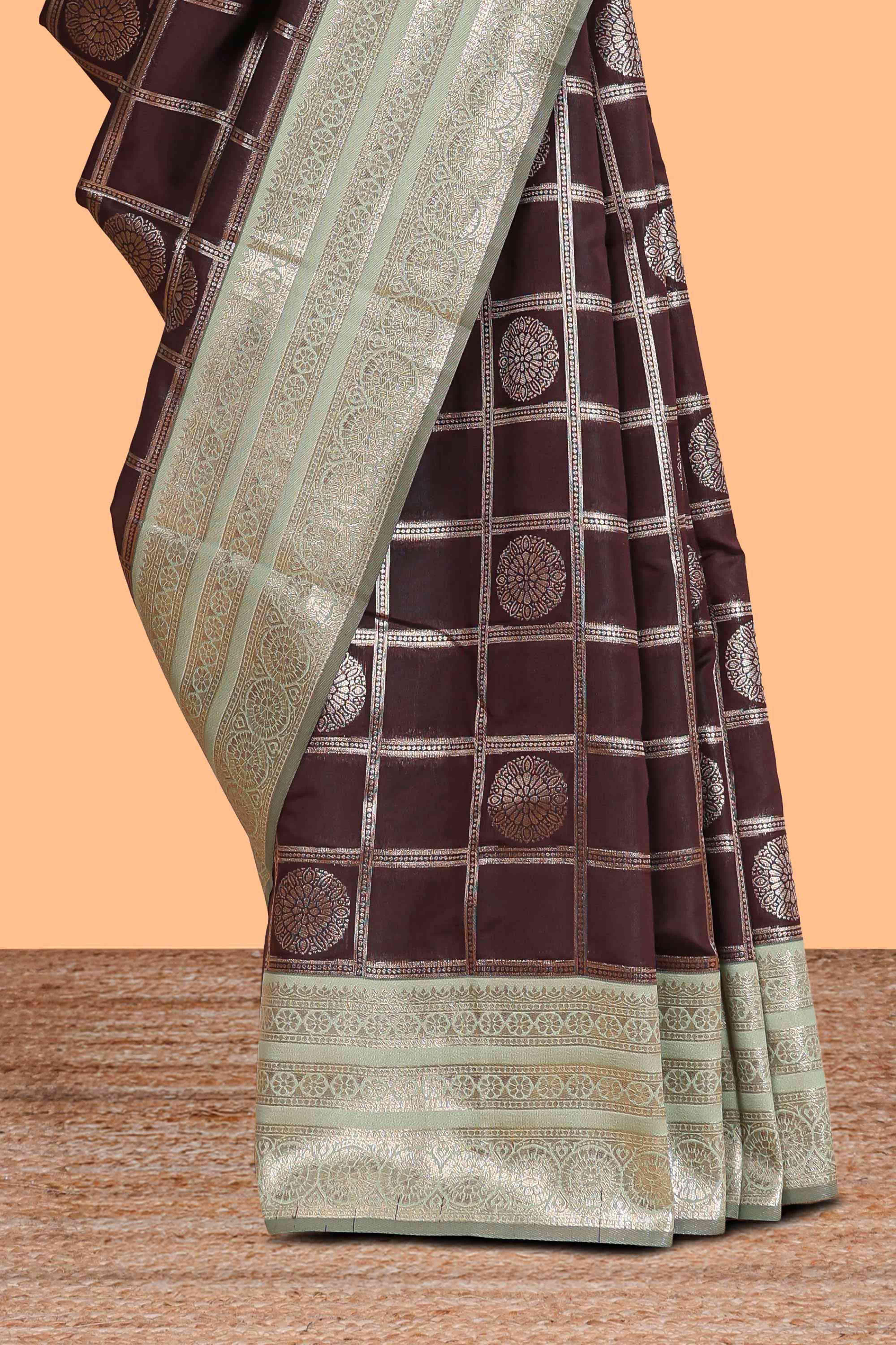 Dark brown checked floral motifs design semi soft silk saree with contrast border and blouse - Image 3