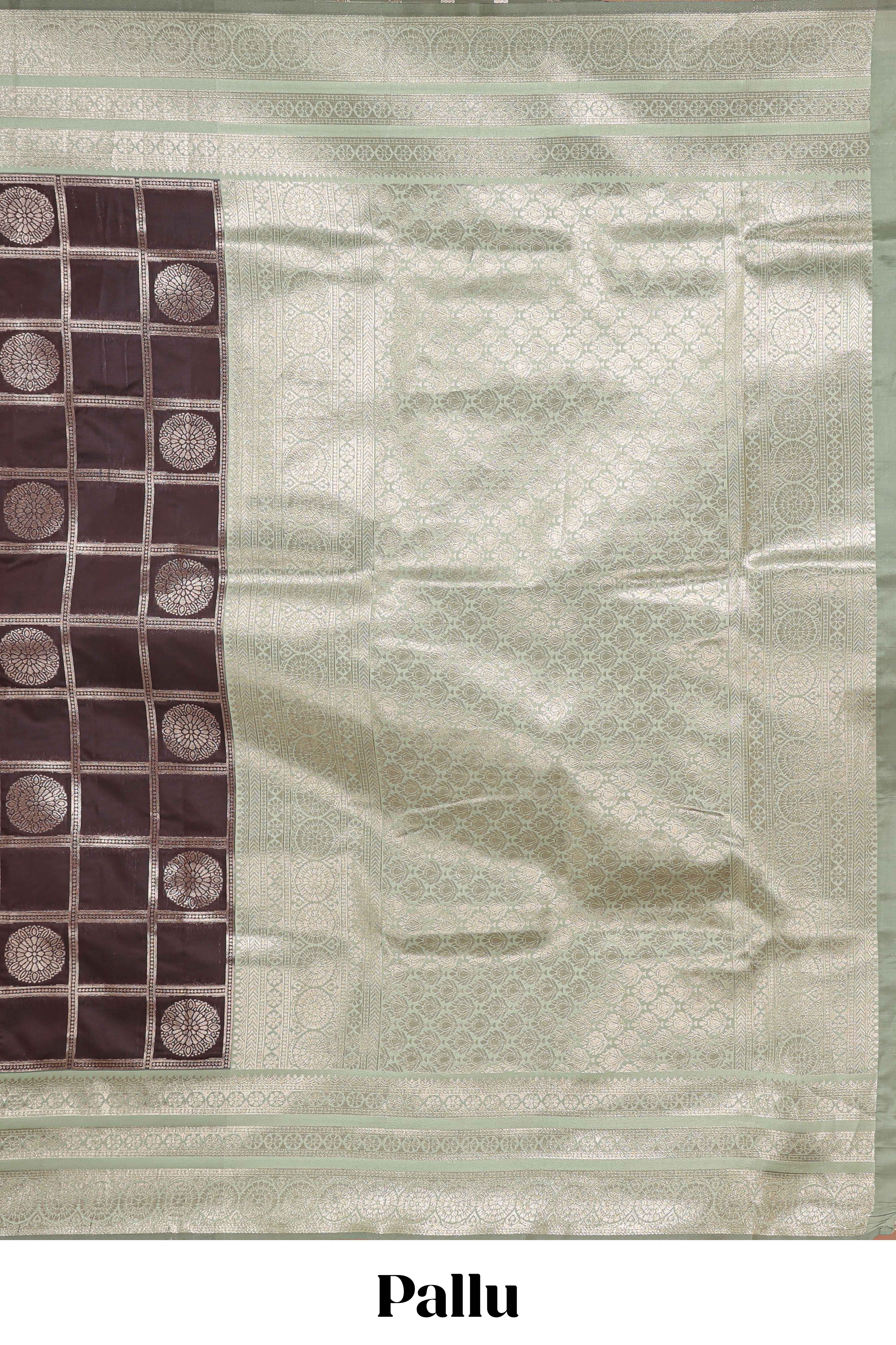 Dark brown checked floral motifs design semi soft silk saree with contrast border and blouse - Image 4