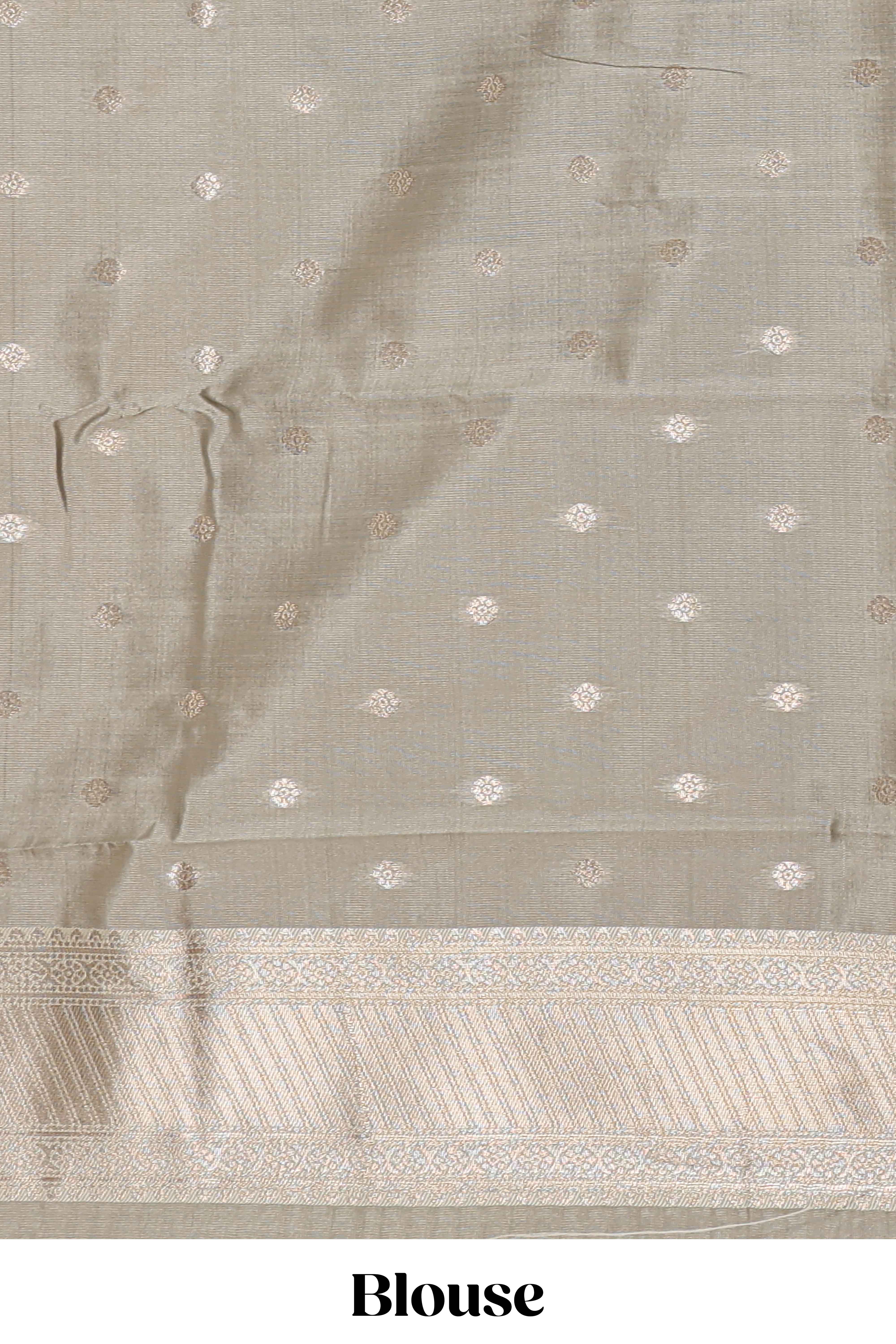 Dark brown zari butta design semi soft silk saree with contrast border and blouse - Image 5