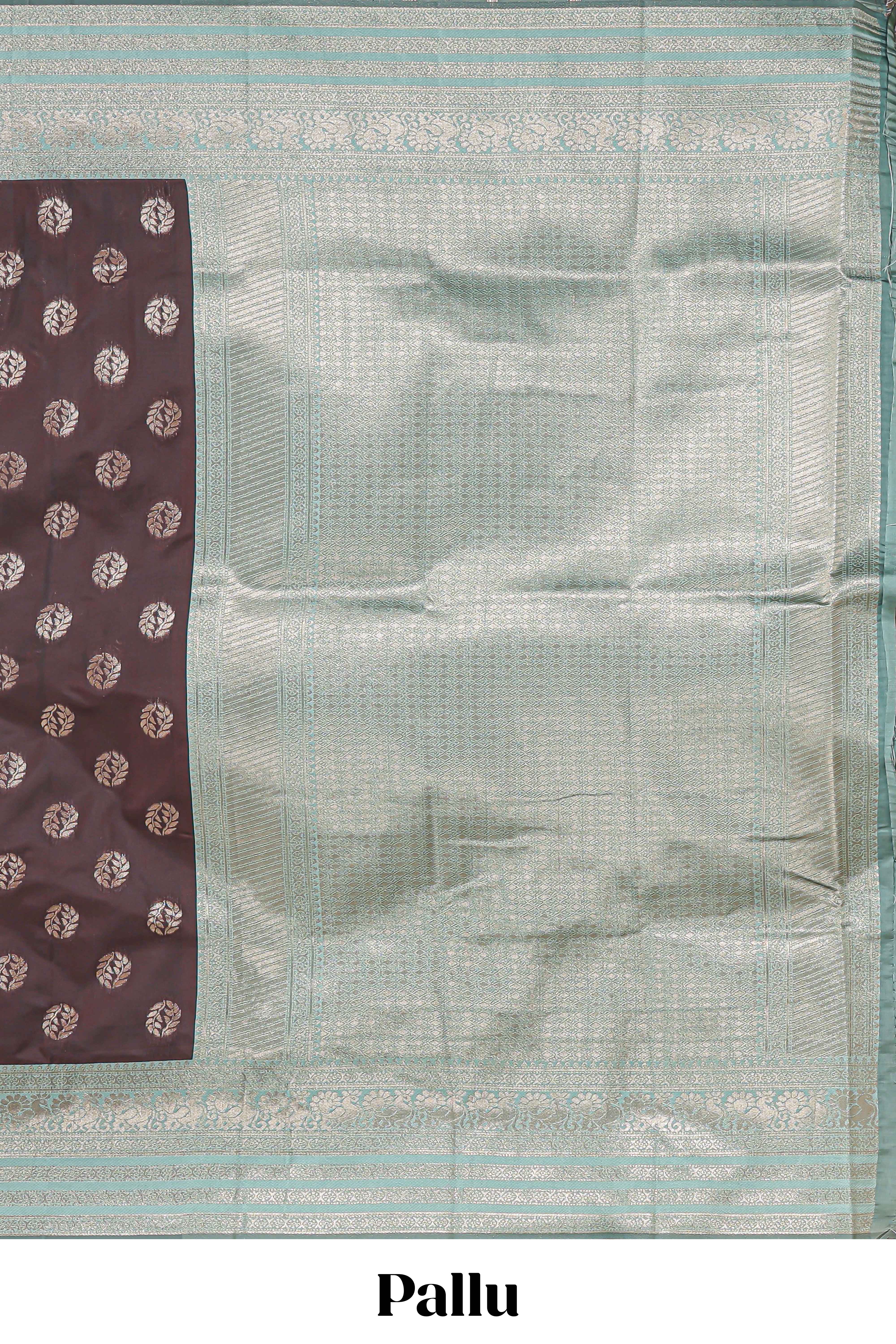 Dark brown zari butta design semi soft silk saree with contrast border and blouse - Image 4