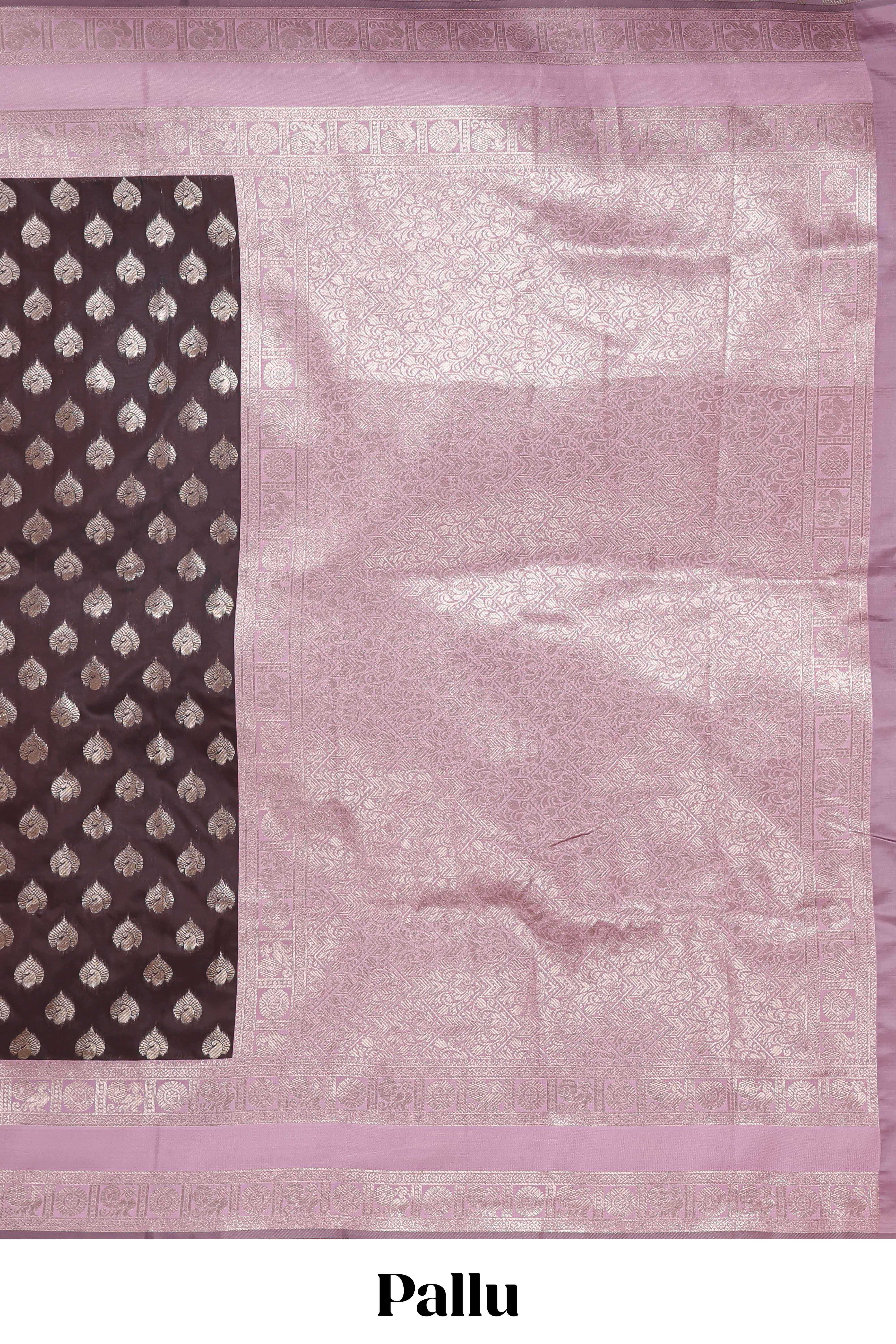 Dark brown zari butta design semi soft silk saree with contrast border and blouse - Image 4
