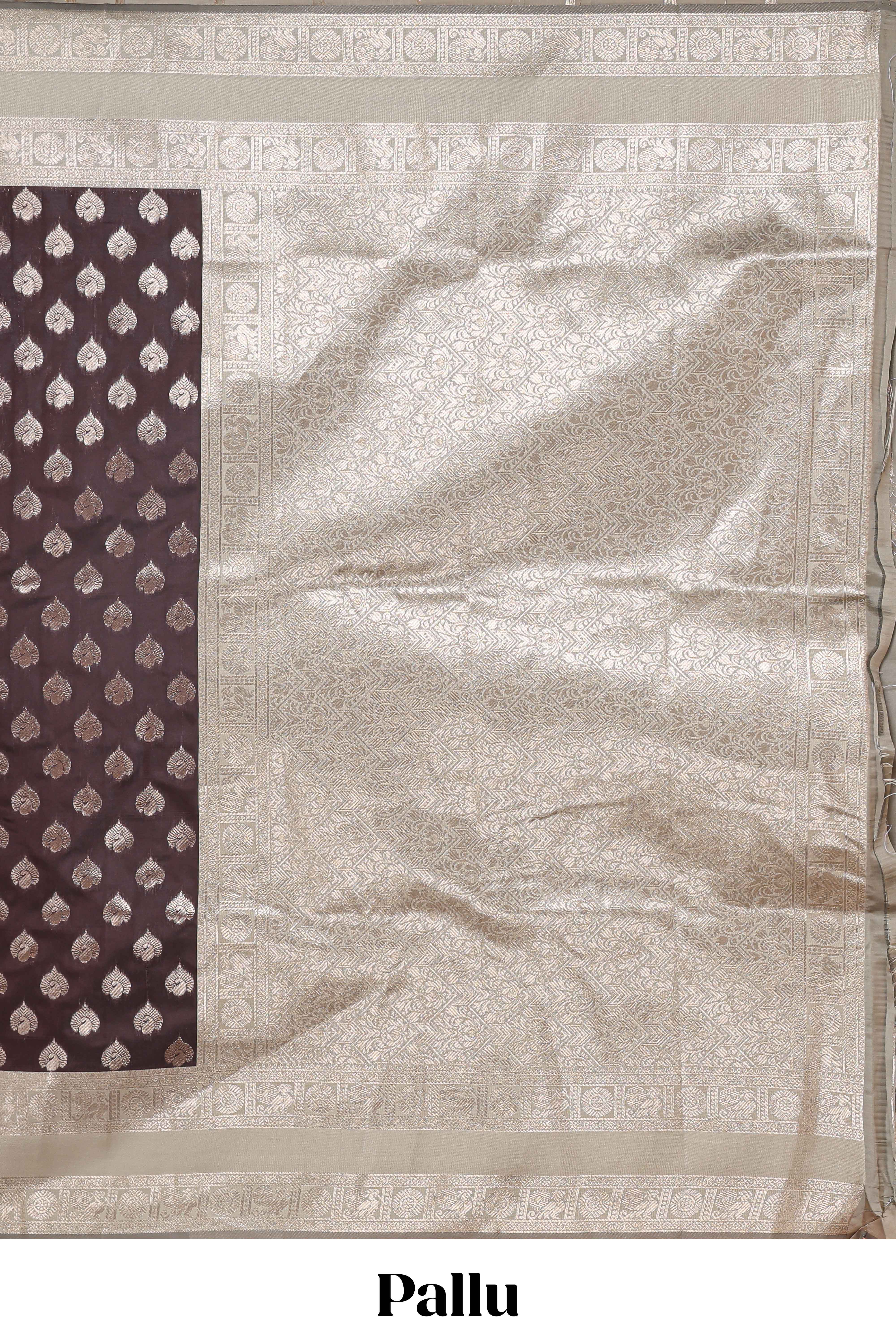 Dark brown zari butta design semi soft silk saree with contrast border and blouse - Image 4