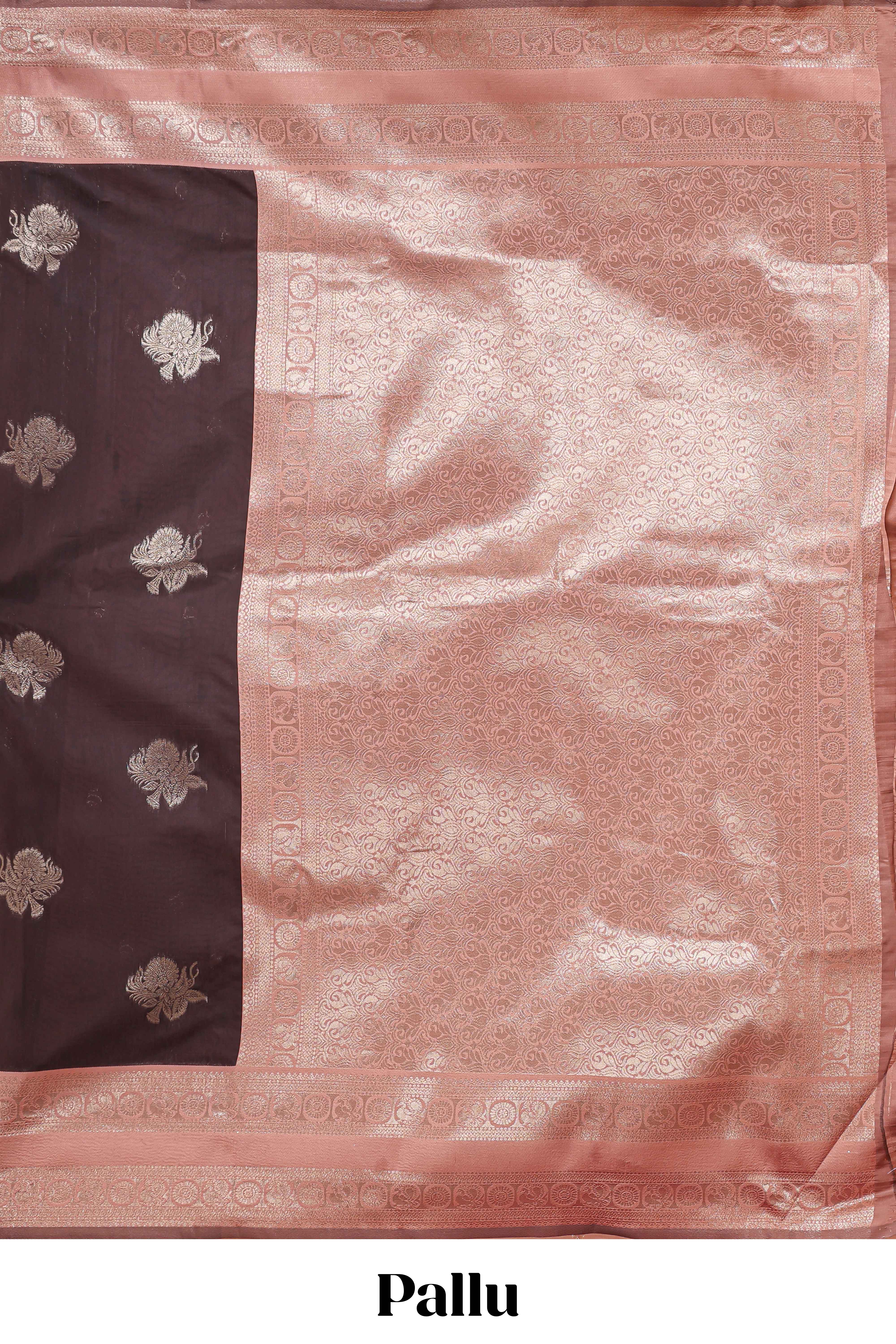 Dark brown zari butta design semi soft silk saree with contrast border and blouse - Image 4