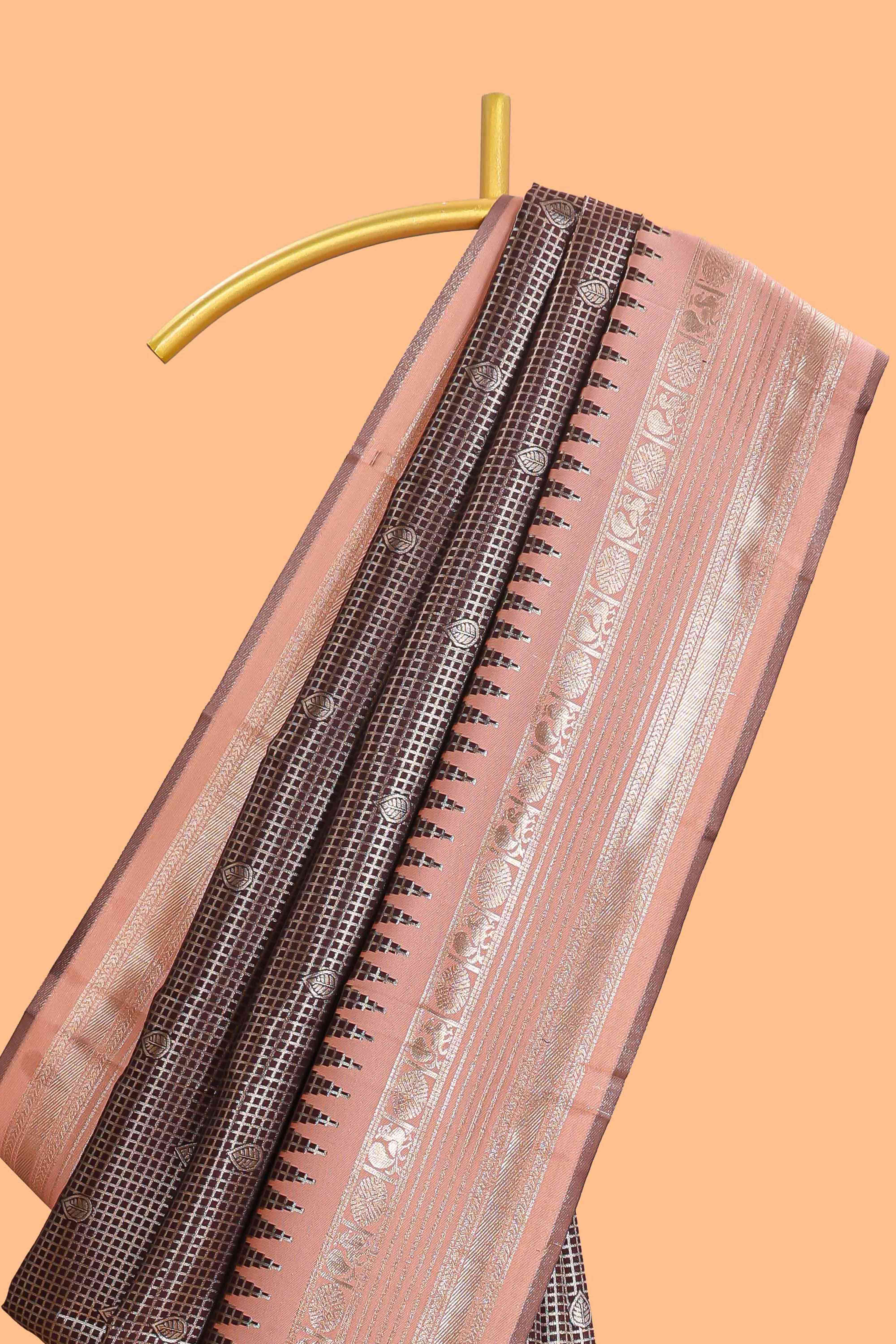 Dark brown zari checked design semi soft silk saree with contrast border and blouse - Image 2