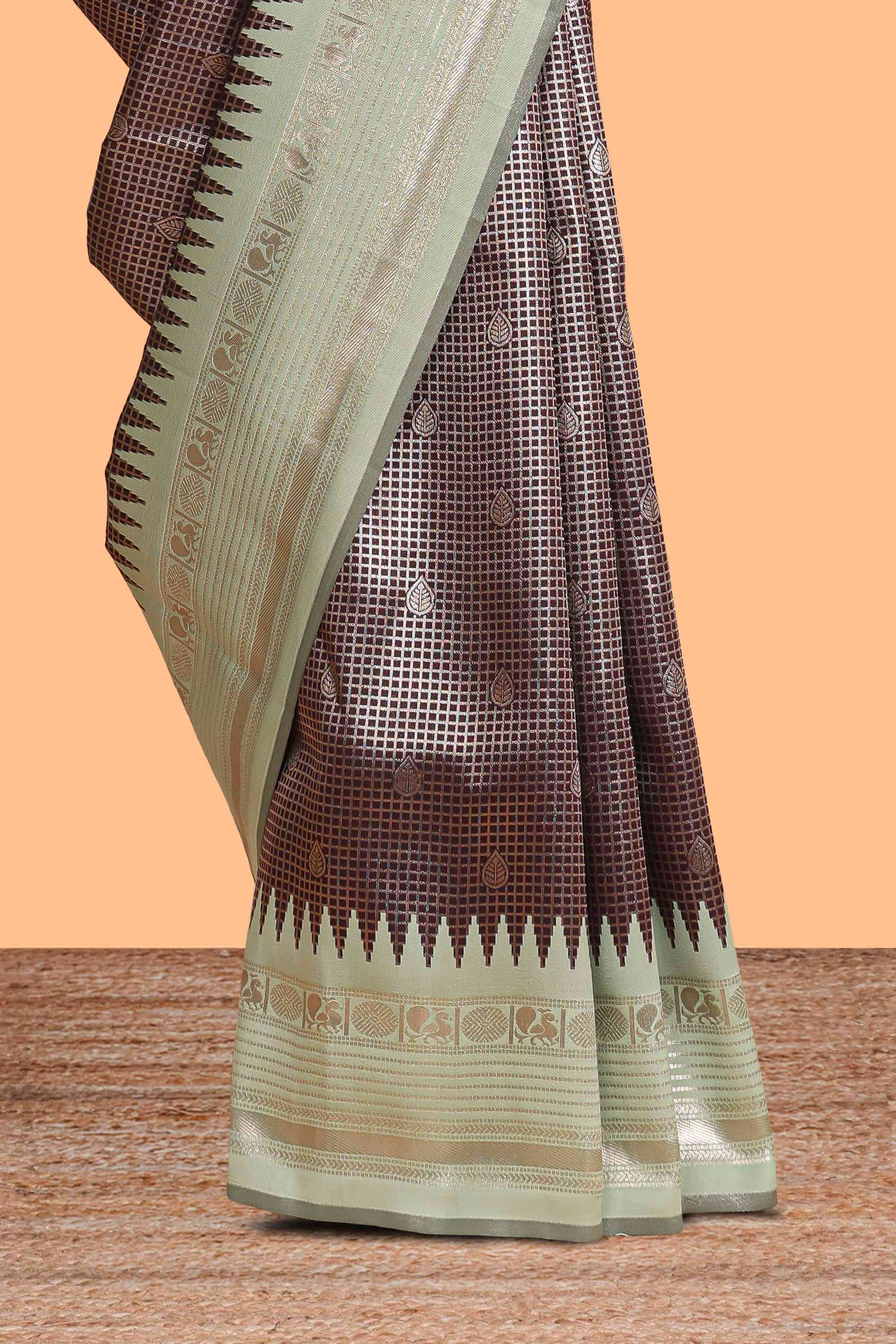 Dark brown zari checked design semi soft silk saree with contrast border and blouse - Image 3