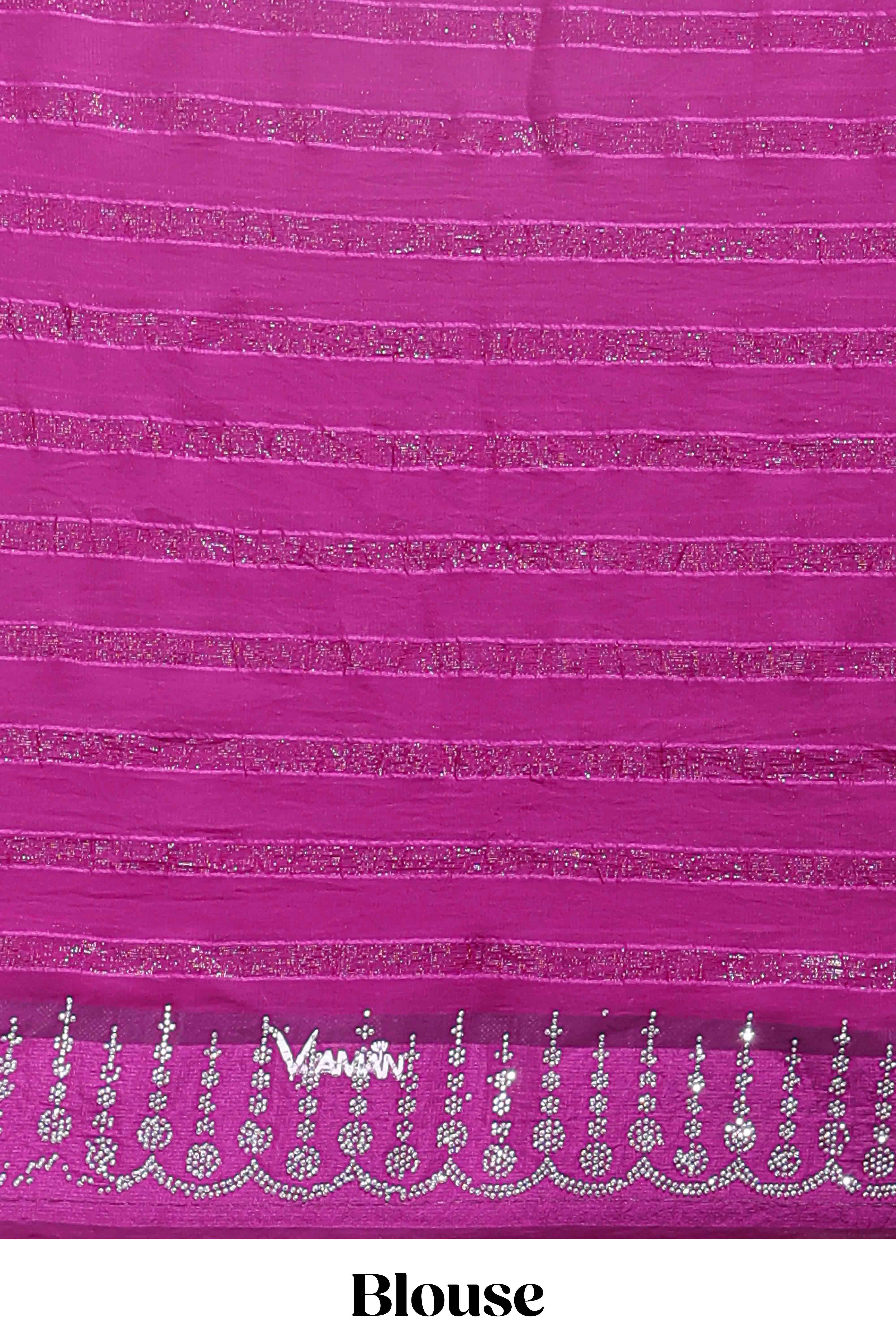 Dark magenta striped design stone work designer saree with self floral scallop border and matching blouse - Image 5