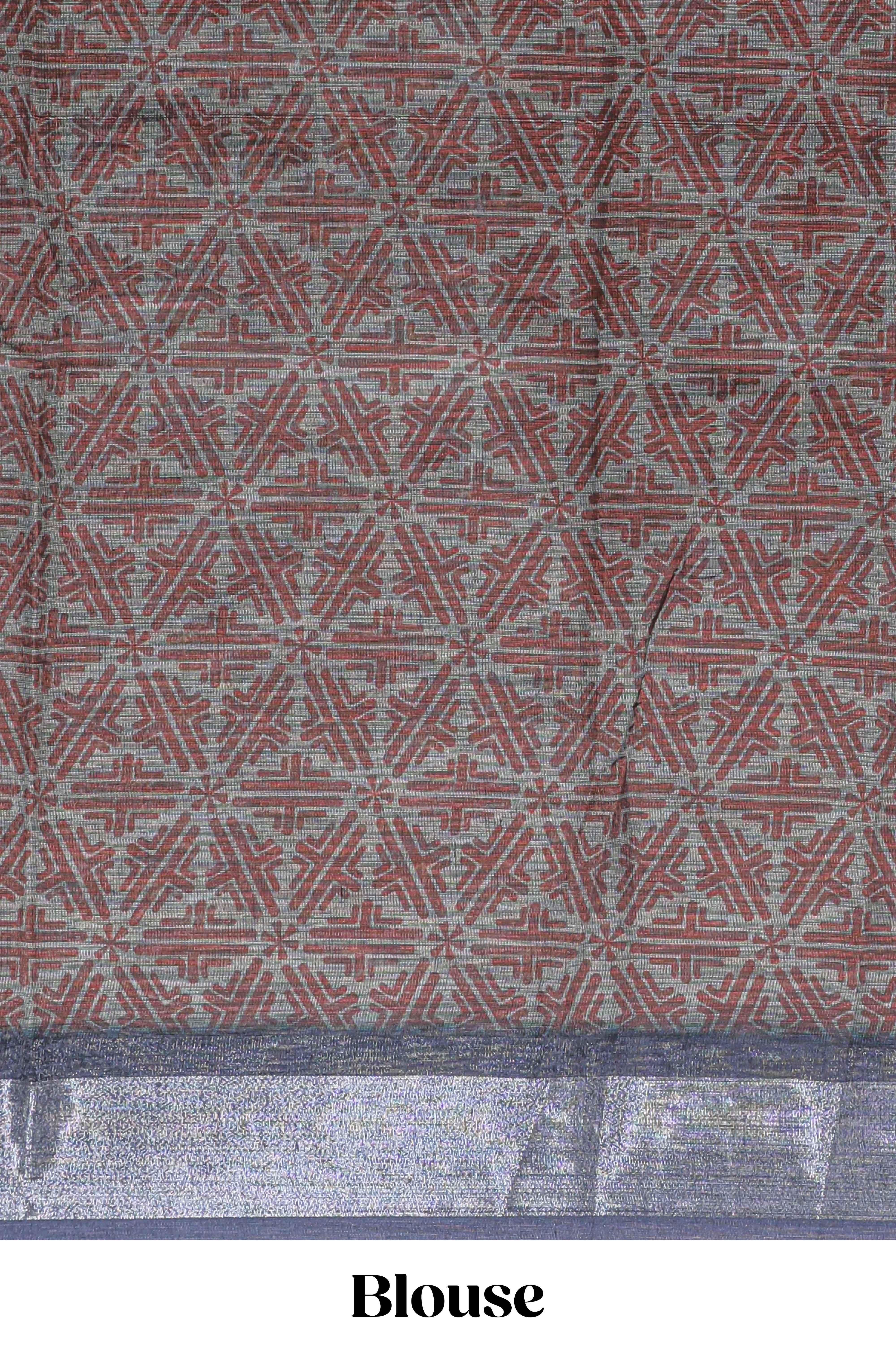 Dark sea green geometric design chanderi cotton saree with contrast zari border and printed blouse - Image 5