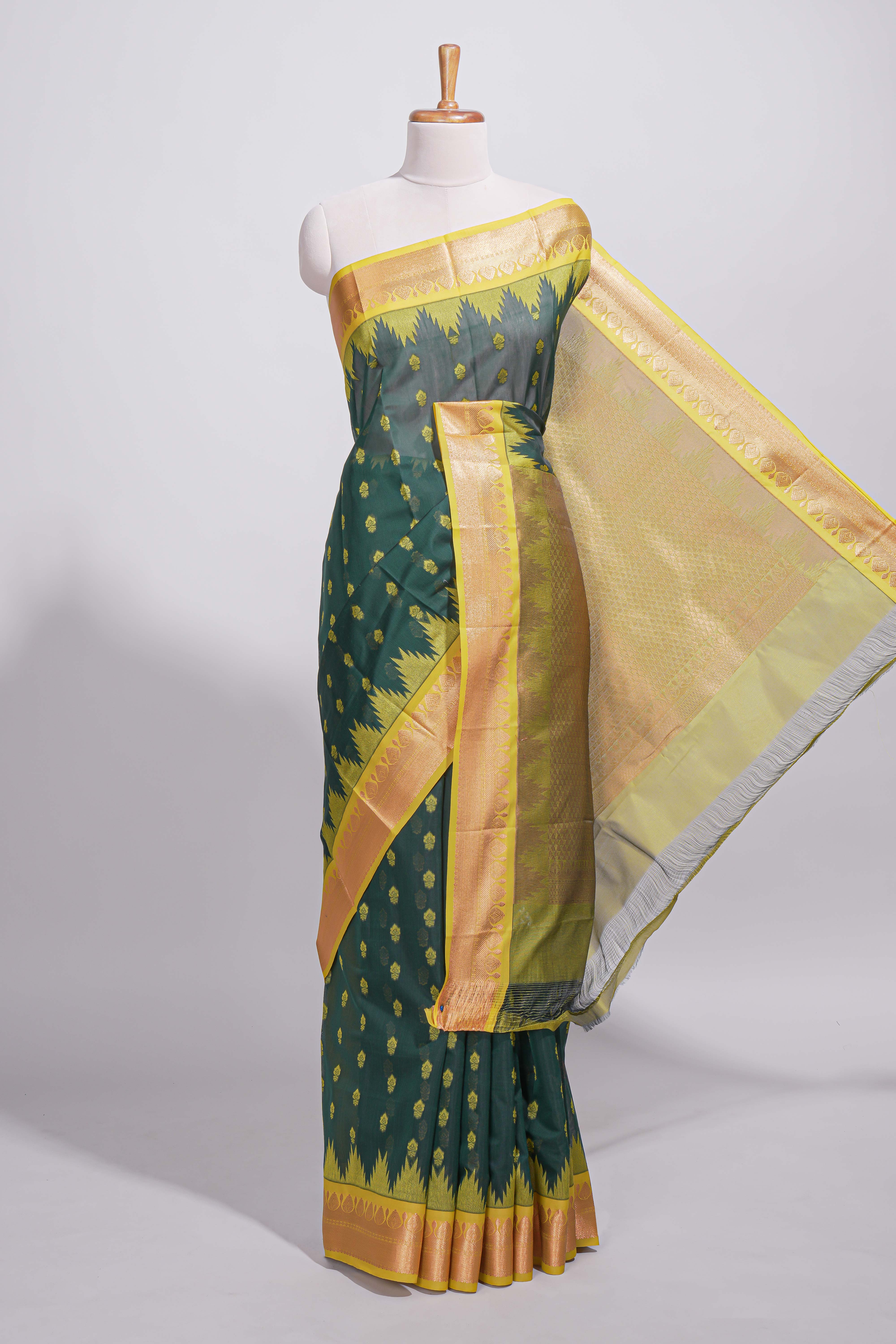 Dark teal green kotta cotton with gold zari buttas a zari border with temple design and zari woven pallu with matching blouse piece - Image 2