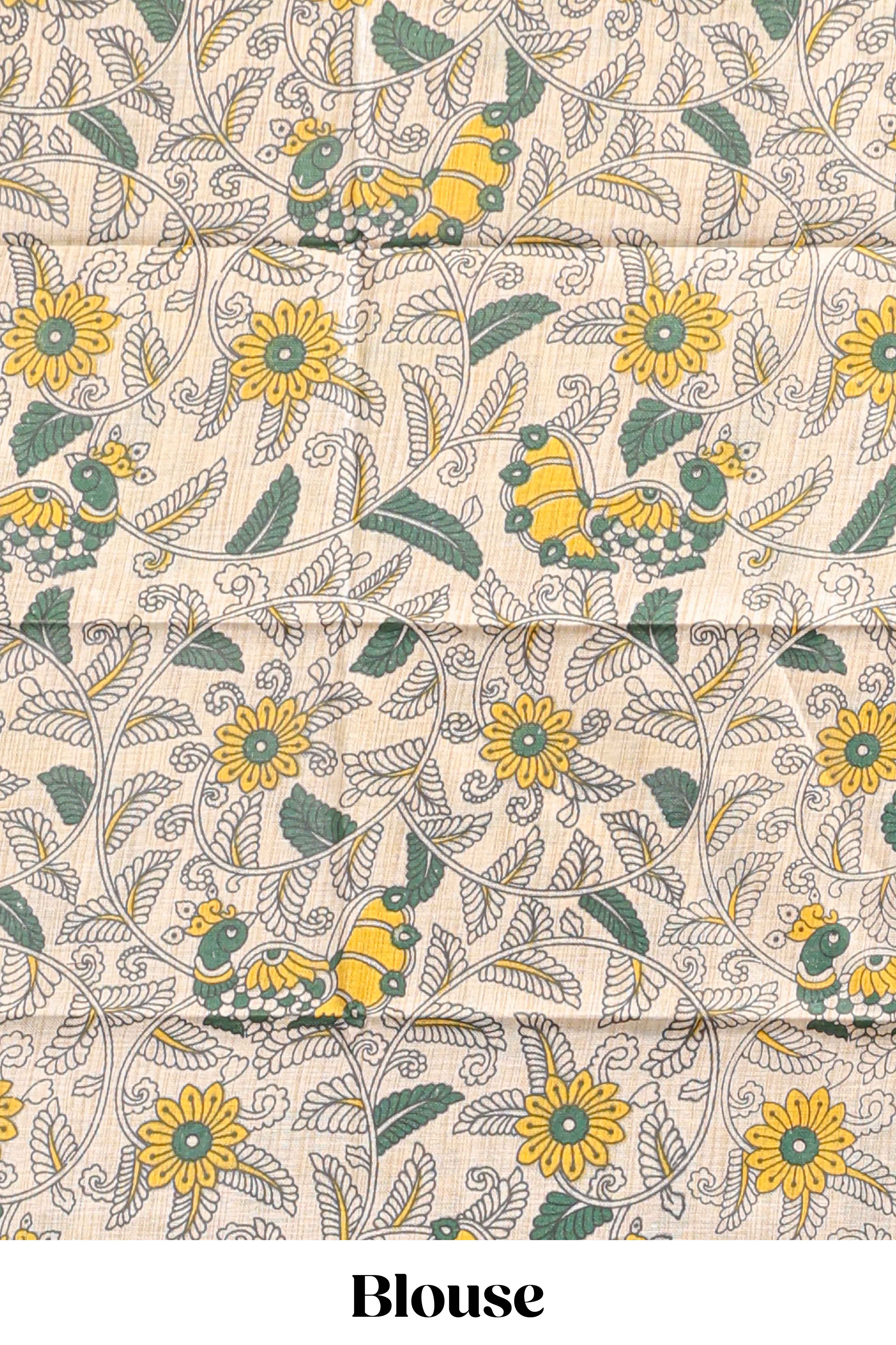 Deep green plain south cotton sarees with contrast floral printed blouse - Image 5