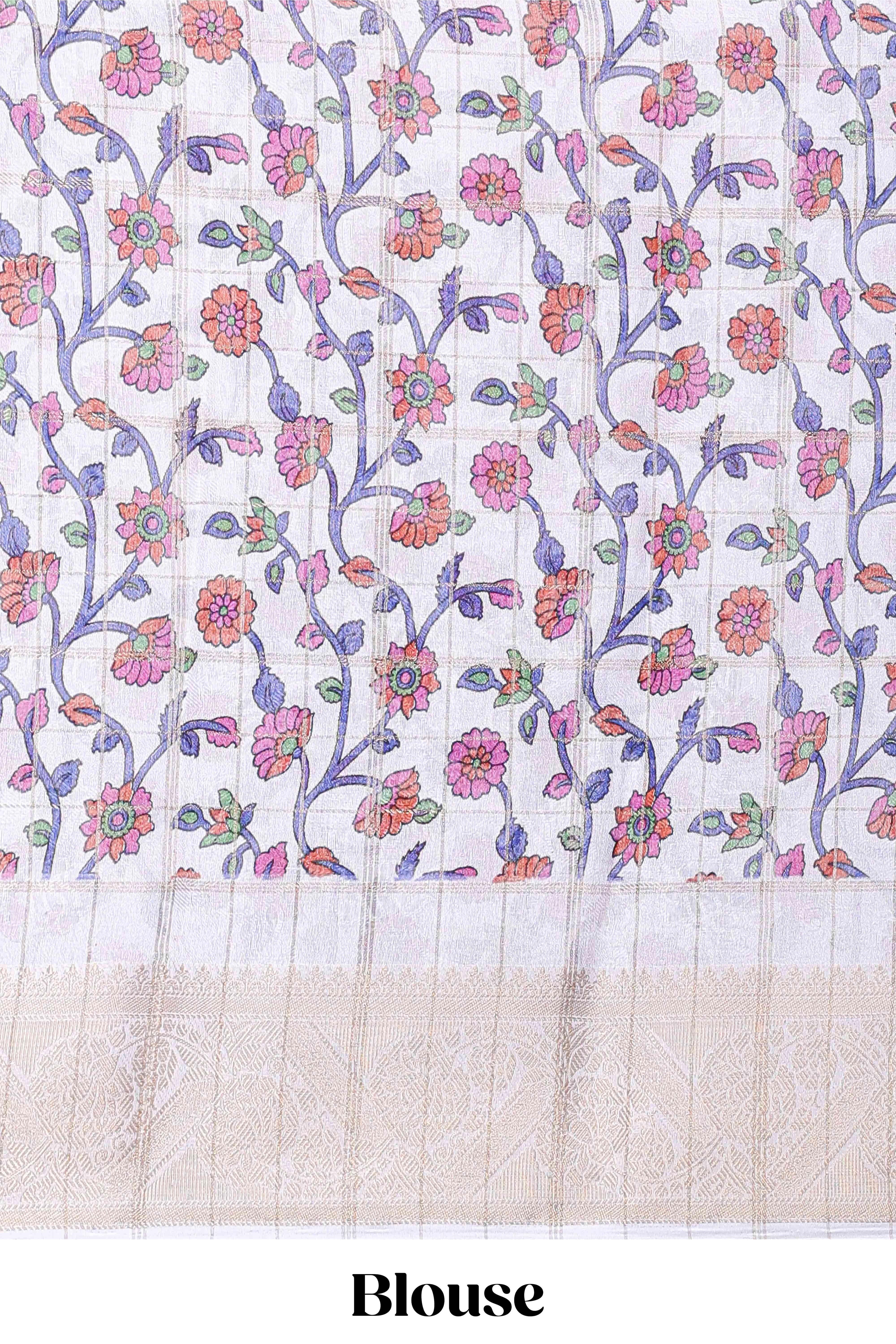 Deep mauve marsh mellow saree with gold zari checks and contrast floral printed blouse - Image 5