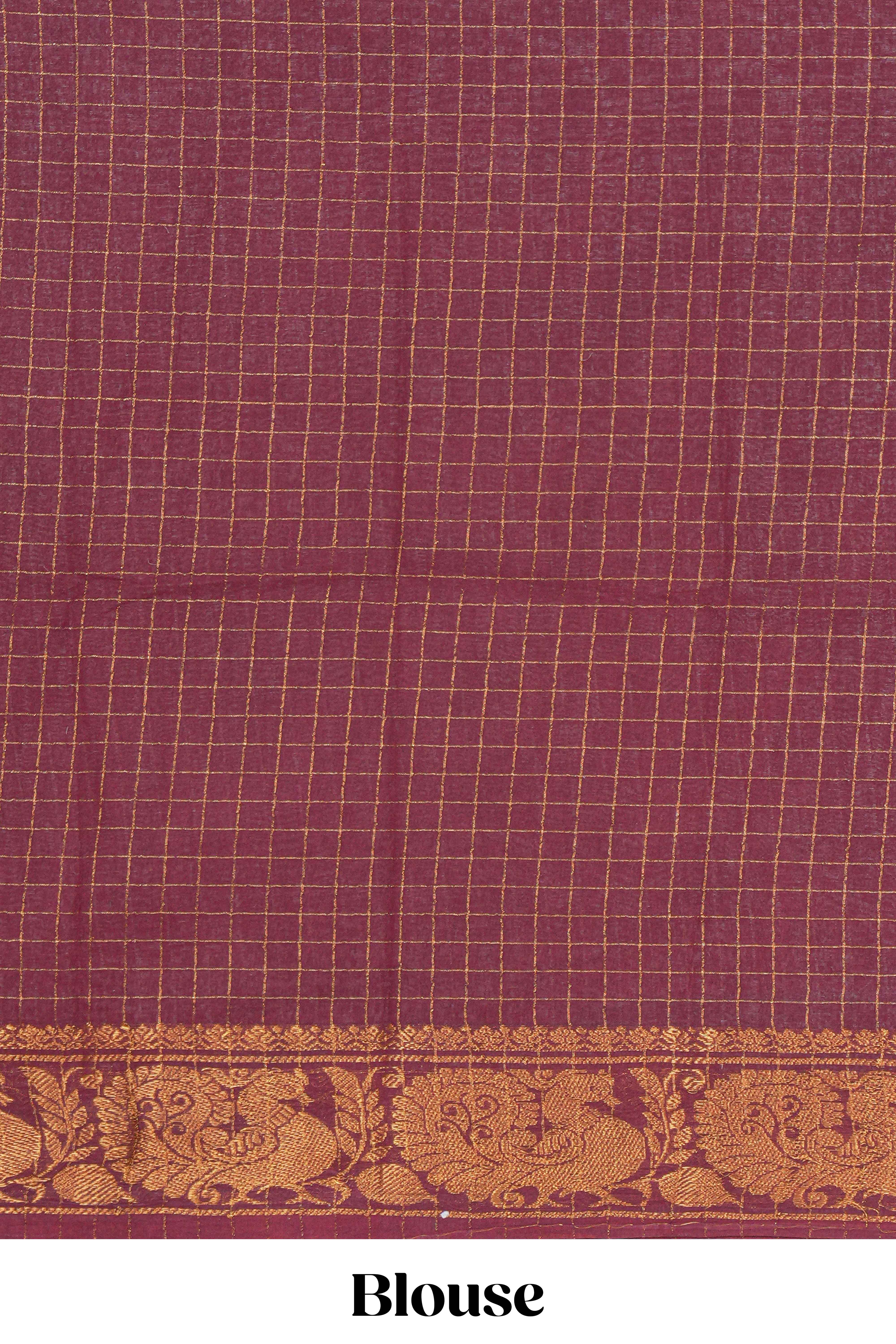Deep Mustard yellow Chettinad cotton saree with checked body contrasting peacock zari border striped pallu and a matching checked blouse - Image 3