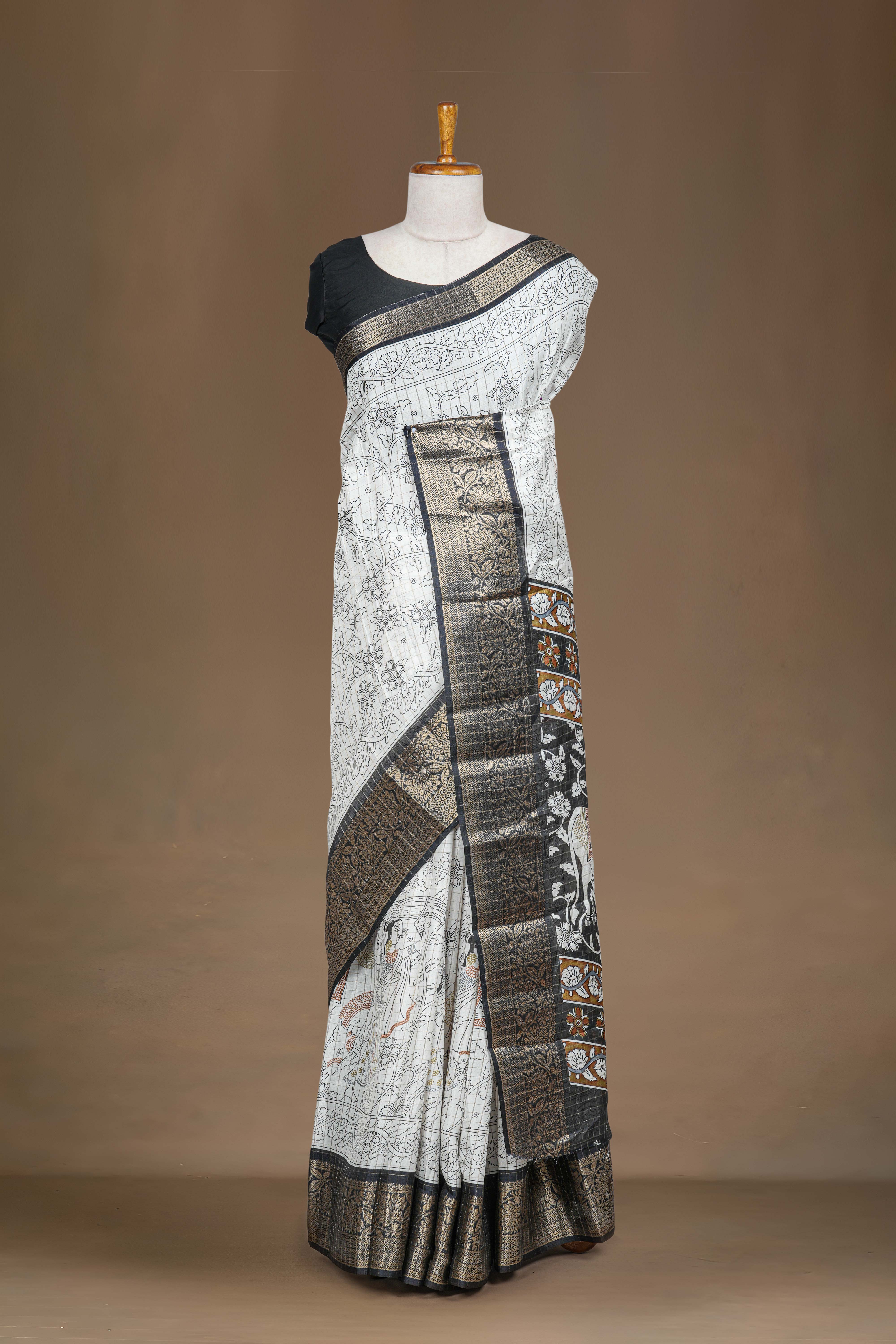Dola Silk Saree Pen Kalamkari Print Across The Body With Contrast Floral Zari Weaving Border Along With Zari Stripes Blouse - Image 2