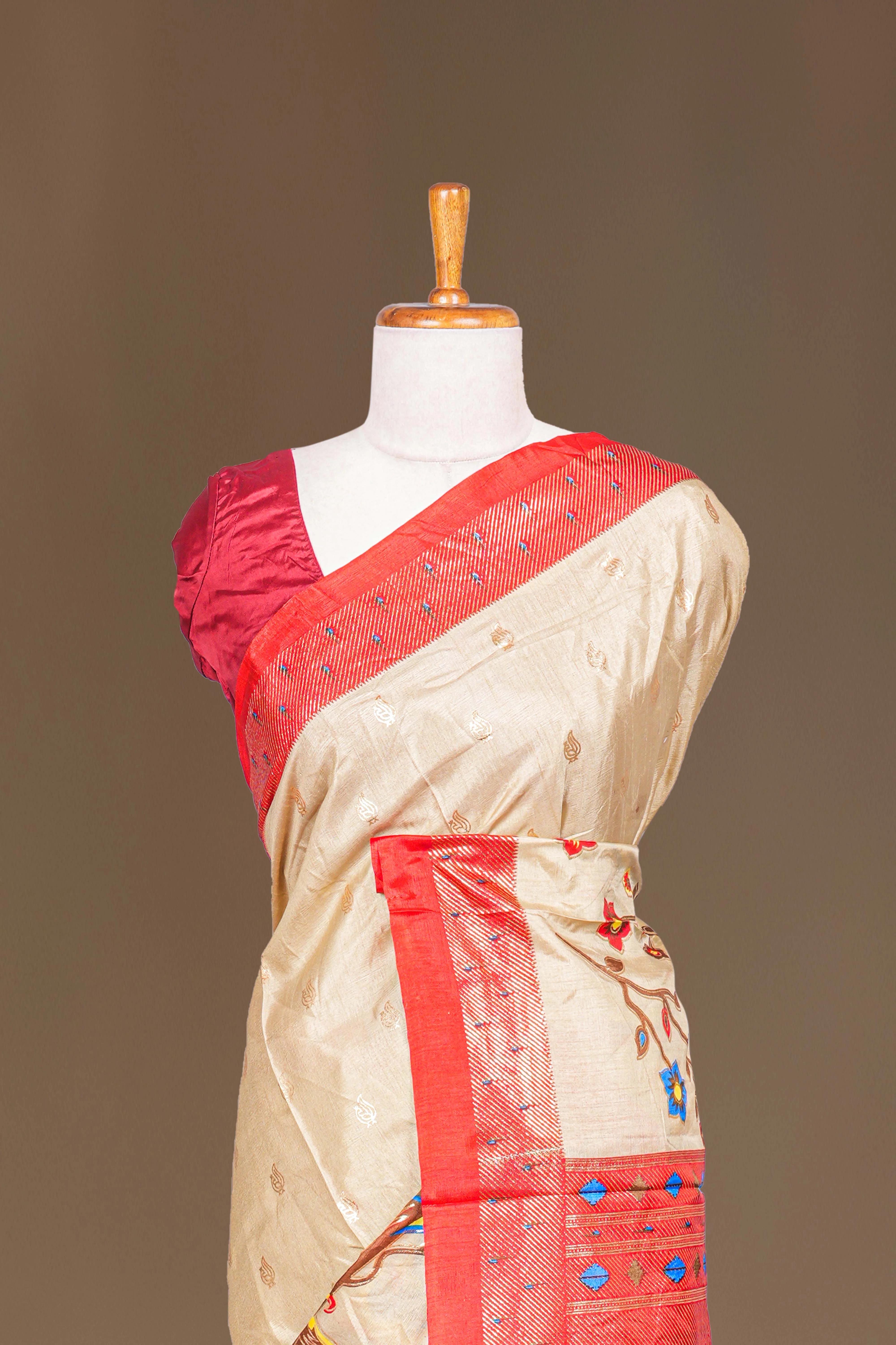 Semi Banaras Paithani Saree Foil Print Across The Body With Contrast Pallu - Image 3